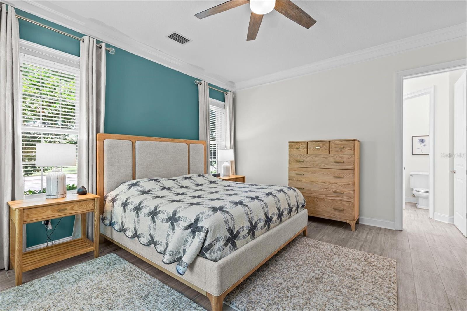 Lots of natural light for dressing. Fan keeps things cool.