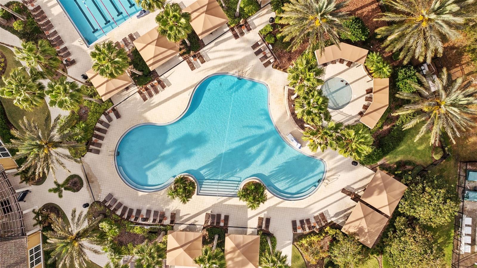 View of pool, cabanas, and hot tub