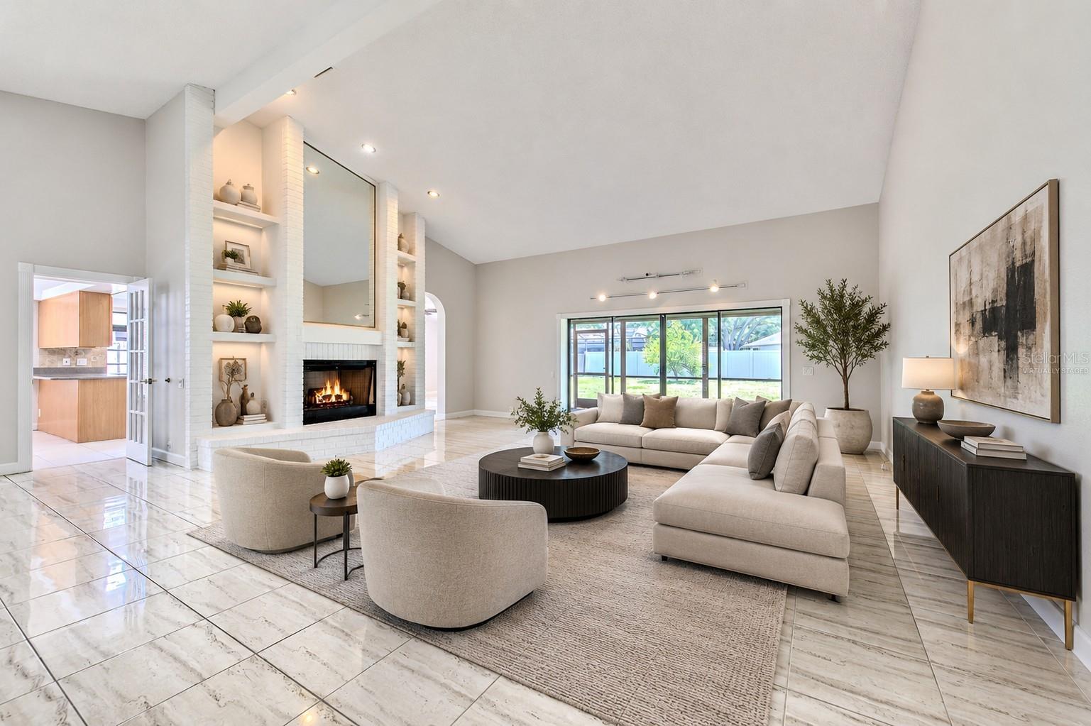 Virtually Staged Living Room. Grand Entrance w/ Fireplace