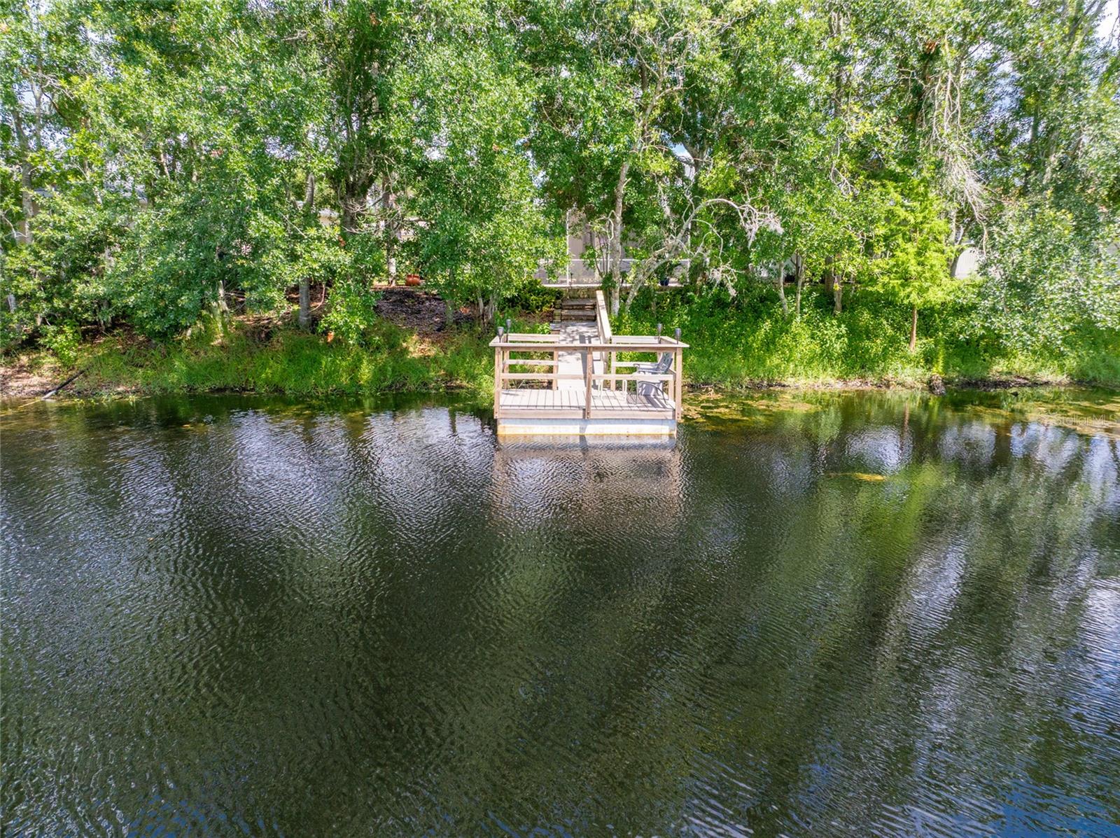 VIEW FROM CURVE LAKE ONTO DOCK AND BACK OF LANAI AND ALL BEAUTIFUL LANDSCAPED TREES