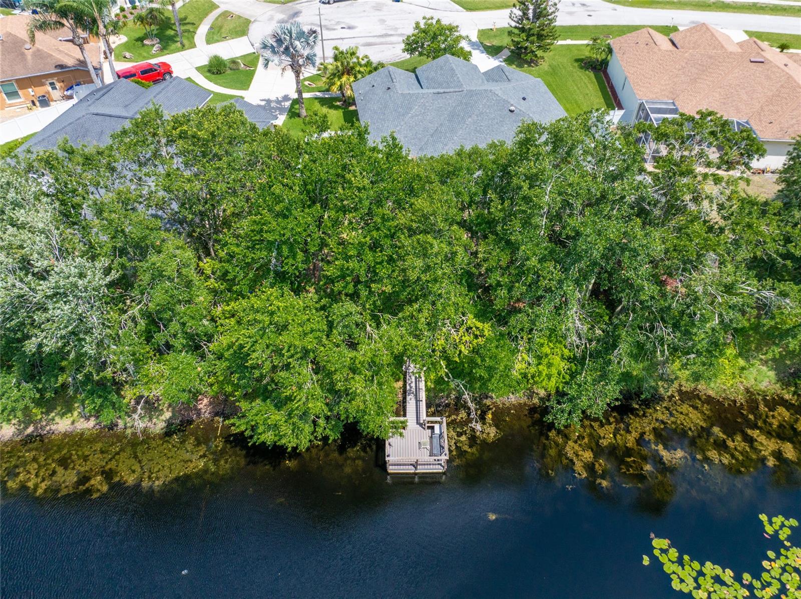 AEREAL VIEW OF HOUSE DOCK WITH TREES AND HOUSE