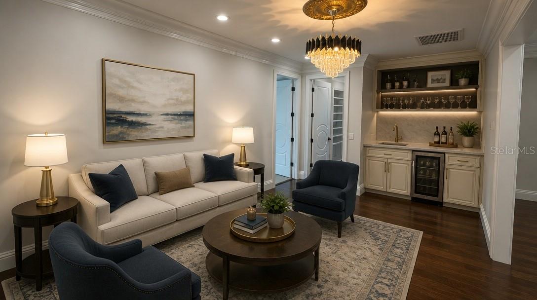 Primary Sitting Room with Wet Bar Staged