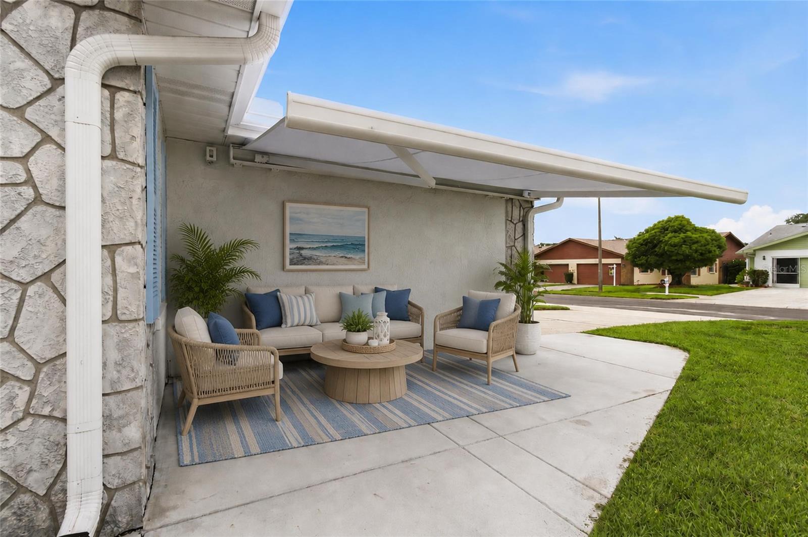 Widened Walkway with front patio/Sunbrella -Remote Controlled Awning