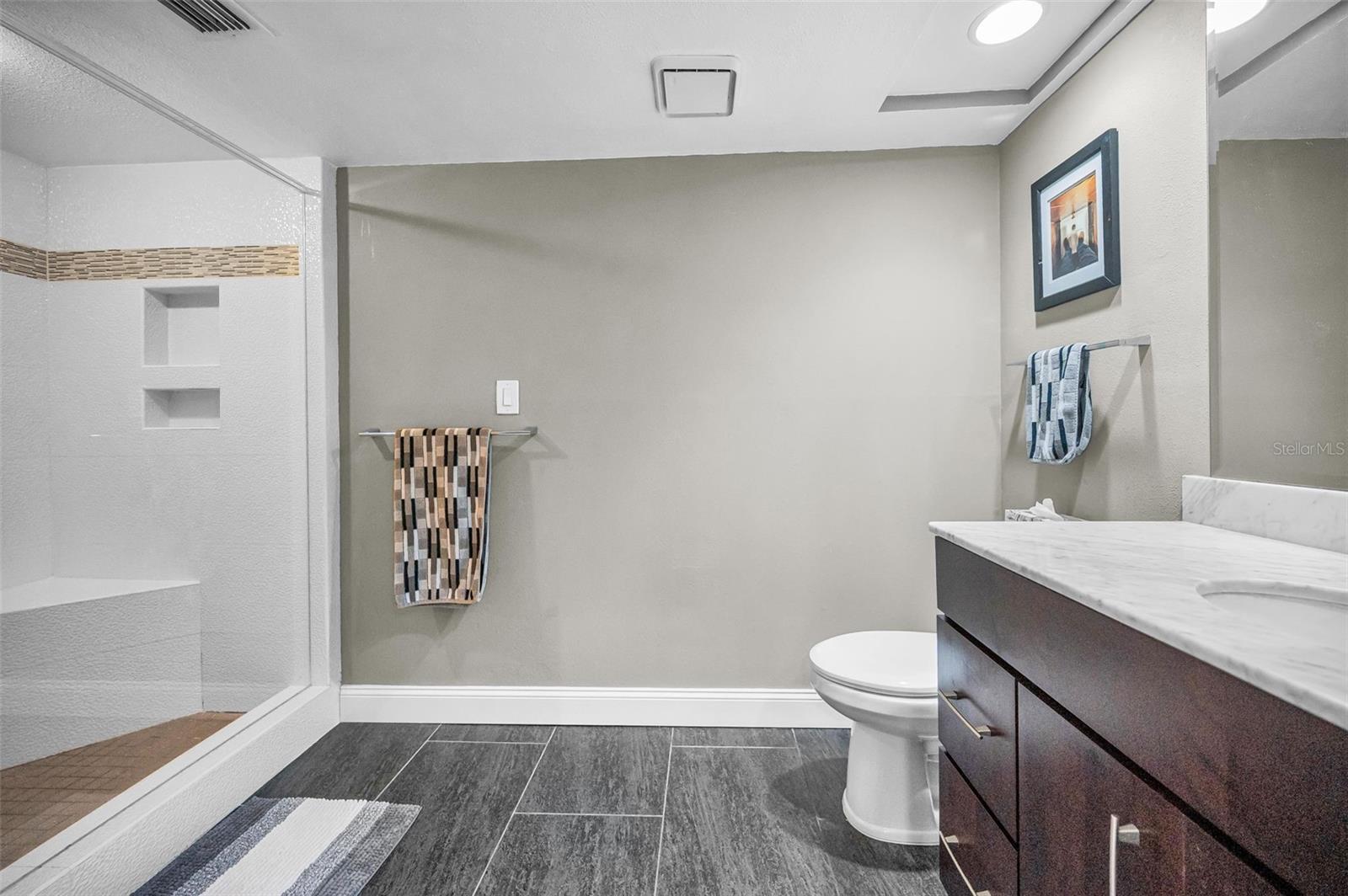 Primary updated bathroom with large waalk-in shower