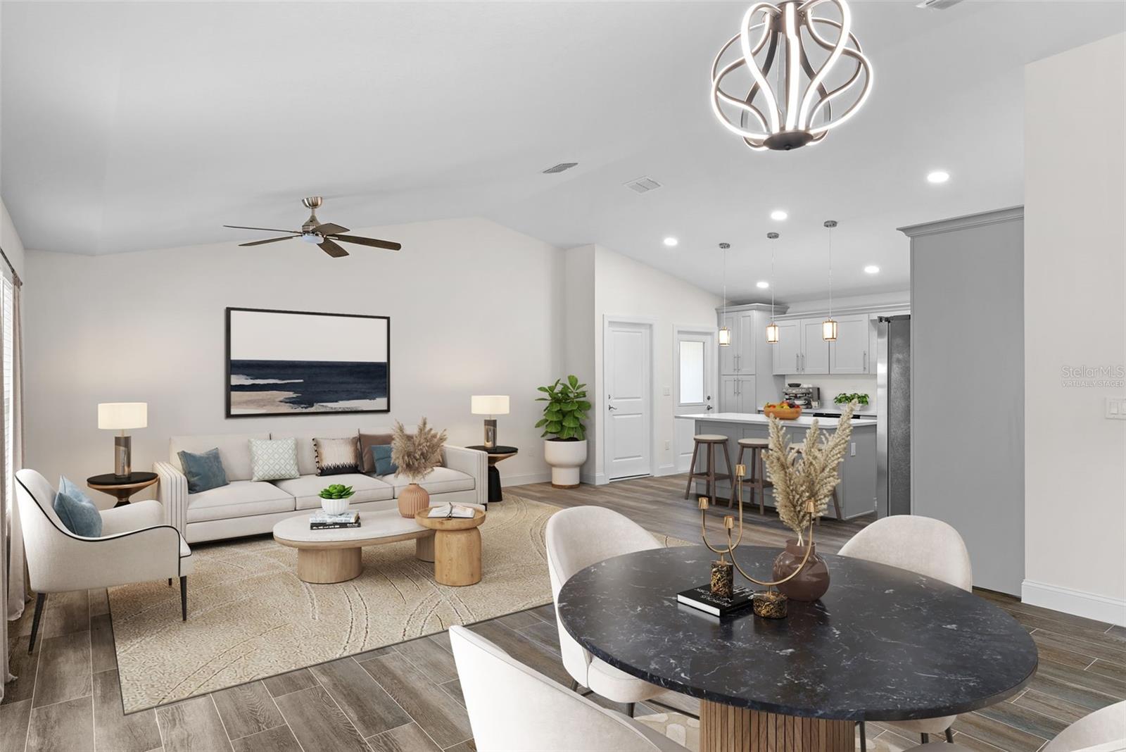 Virtually Staged: Dinning Room & Living Room, Vaulted Ceiling