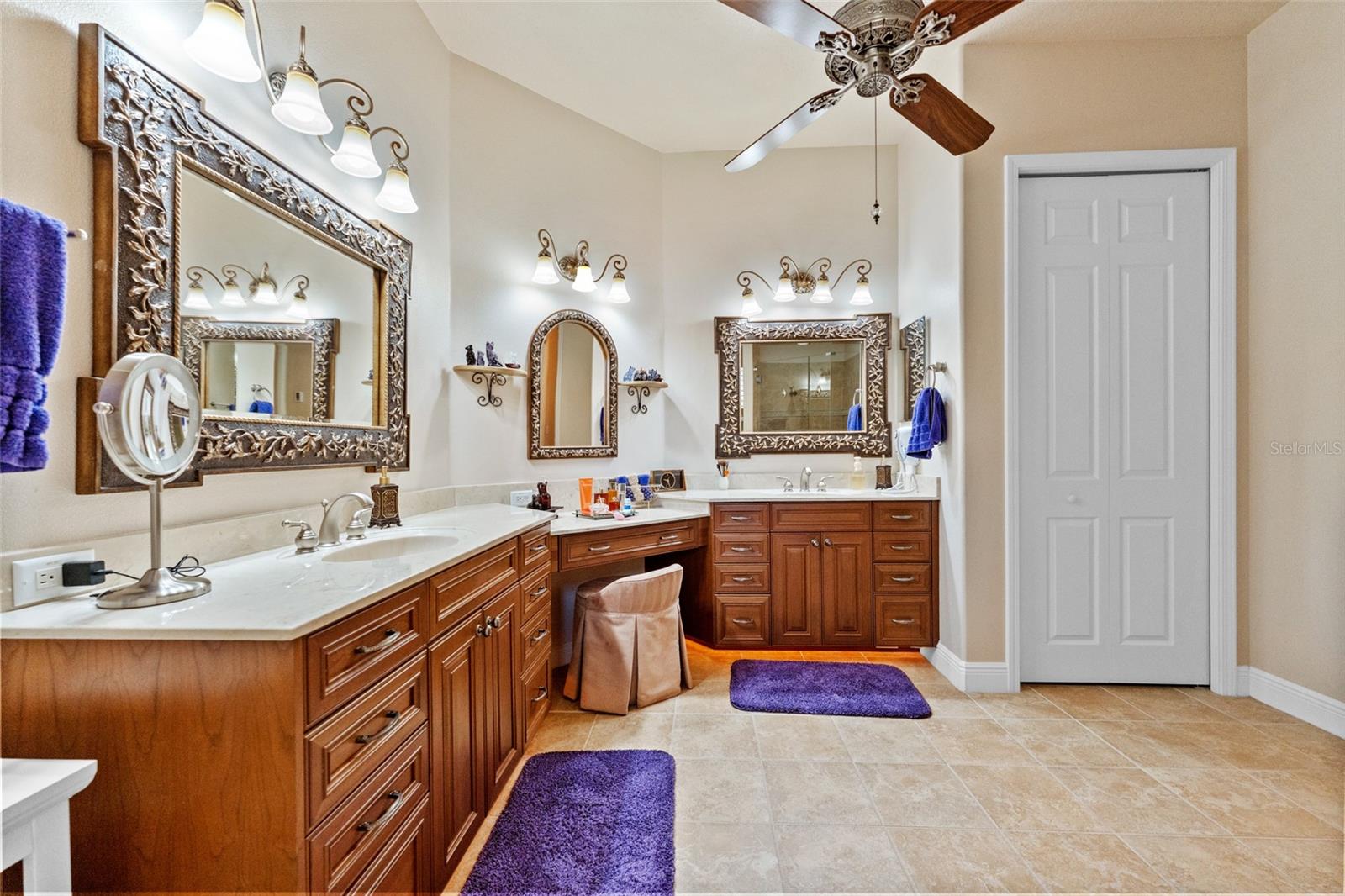Primary bath, double sinks, vanity area and heated floors