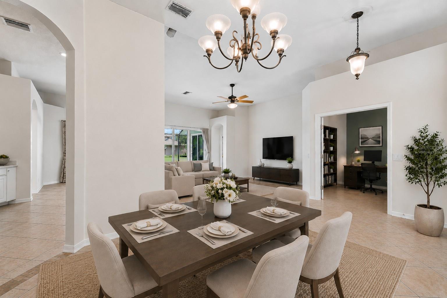 Formal dining overlooking living room virtually staged