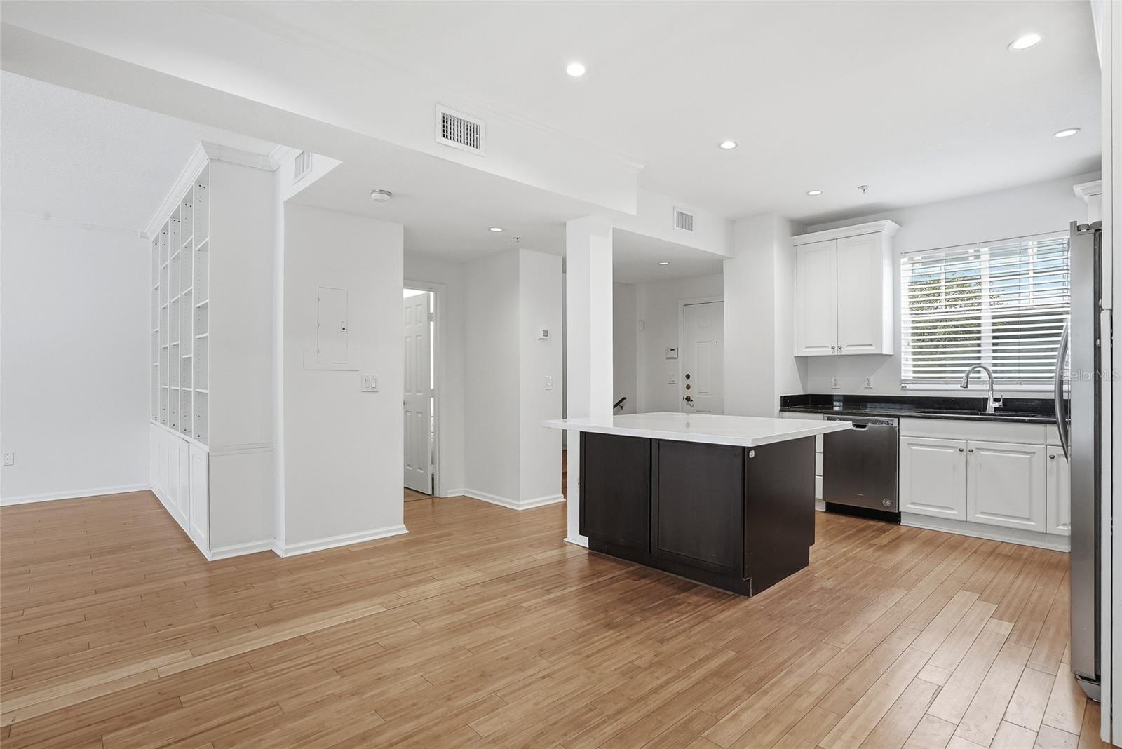 This is the view from the dining space to open to the kitchen and living space