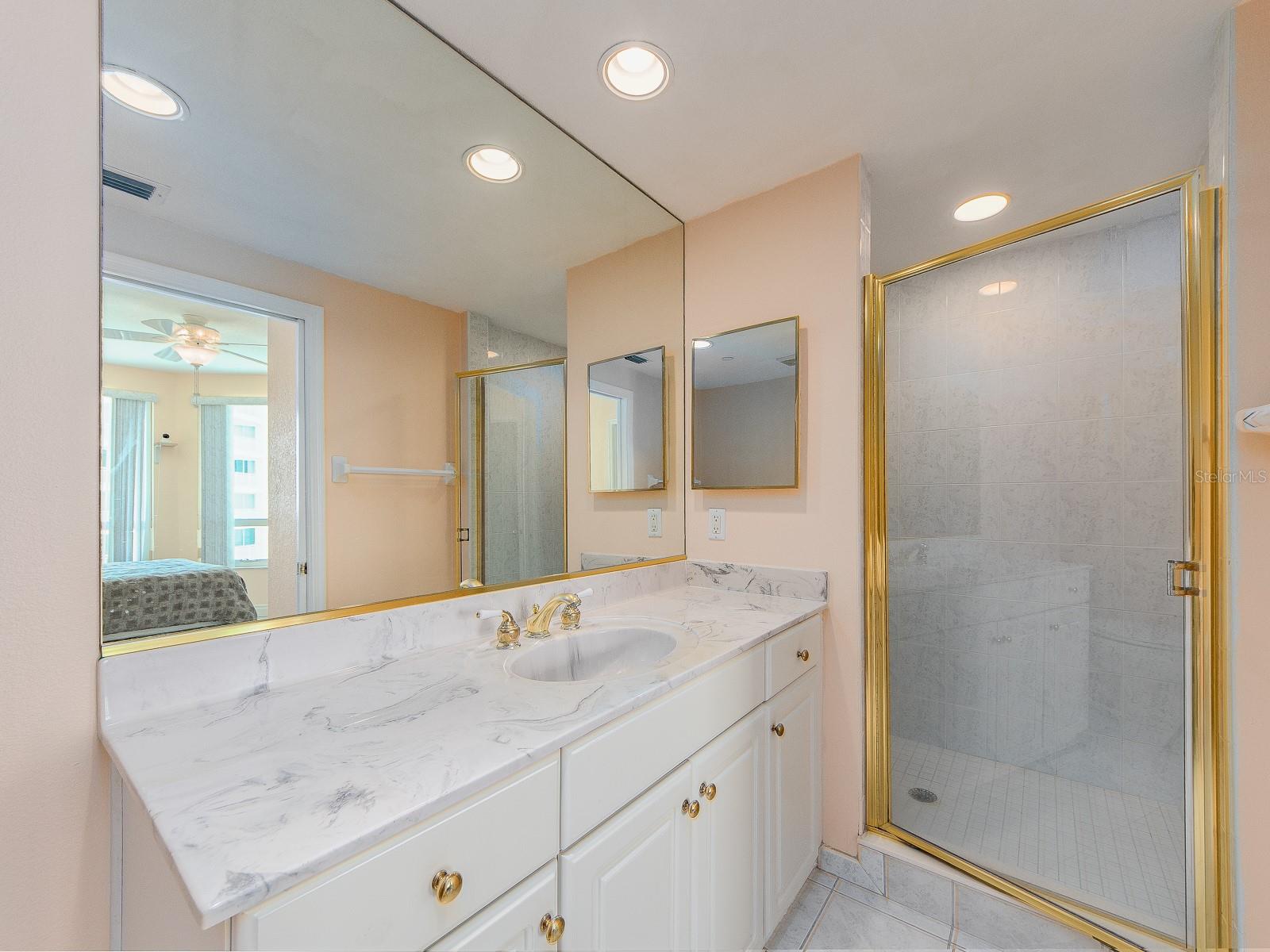 Walk in shower, no tub.