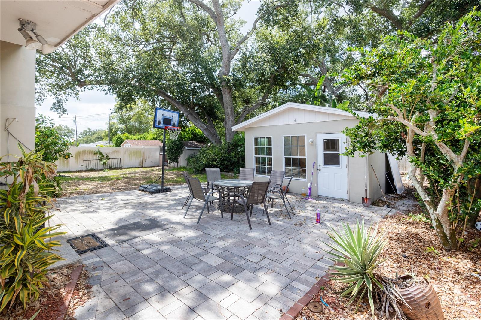 Detached shed in backyard