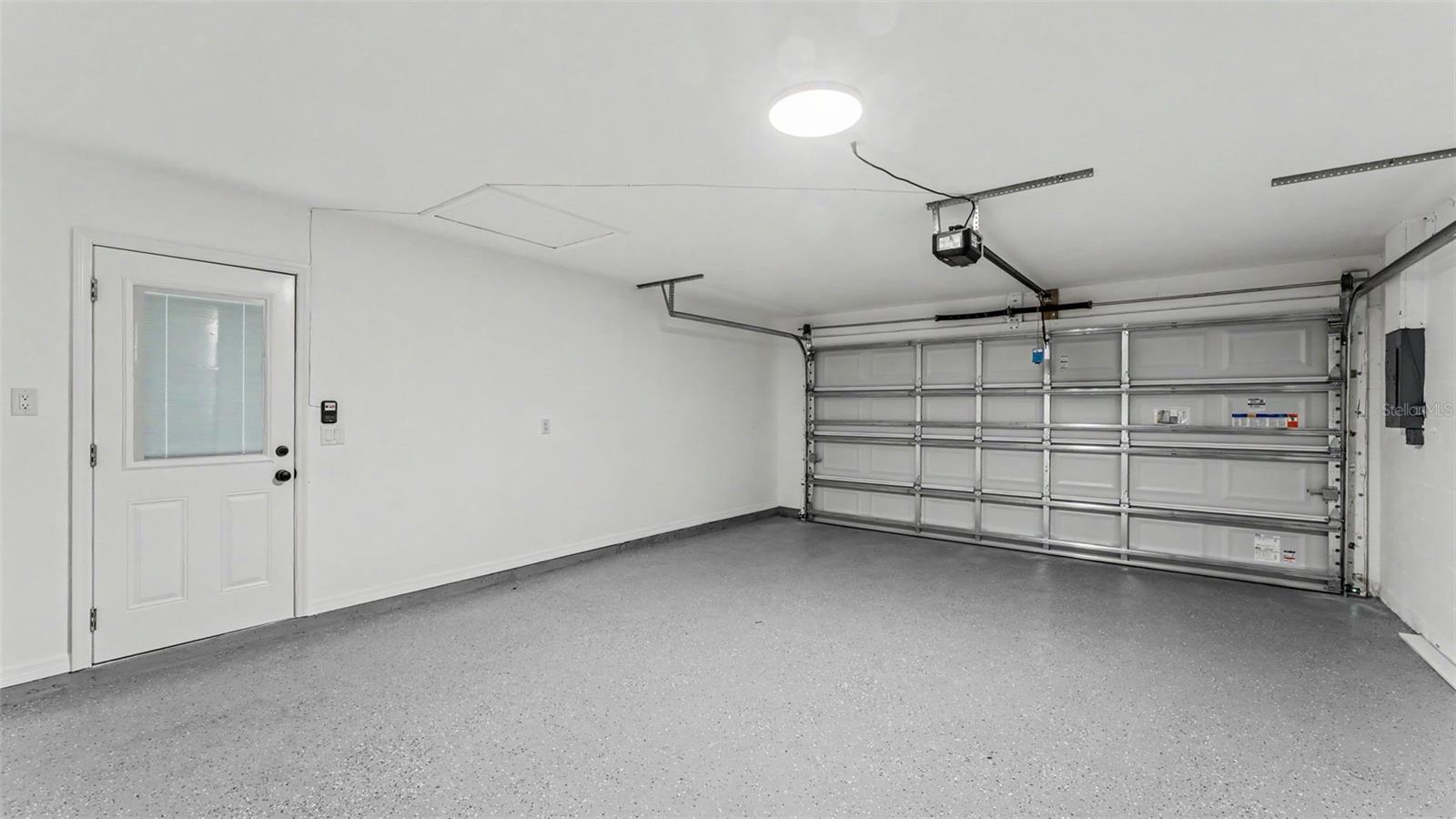 2 car garage with epoxy flooring