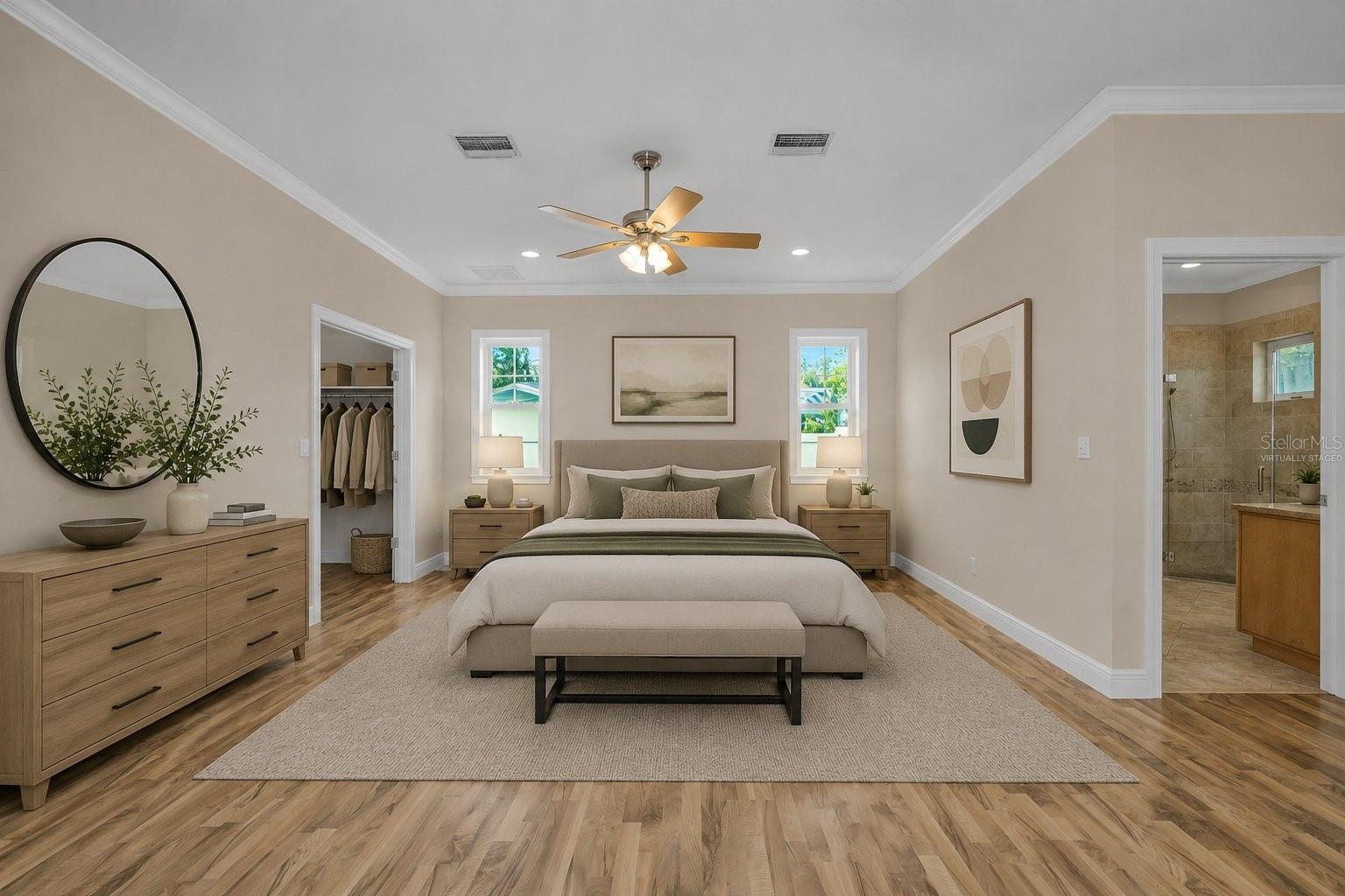 Virtually Staged, Bed Between Closet and Bath