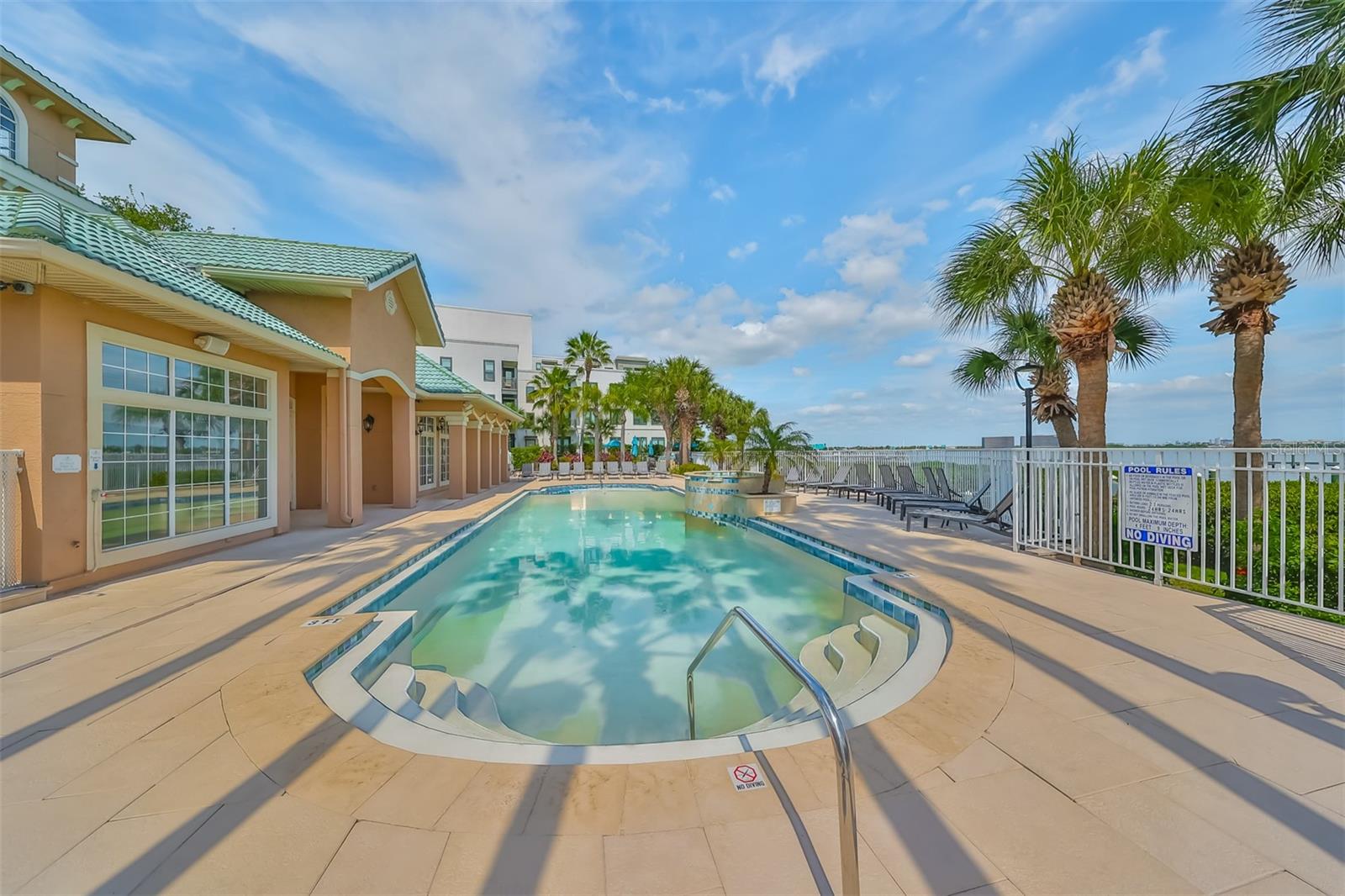 Heated saltwater pool.