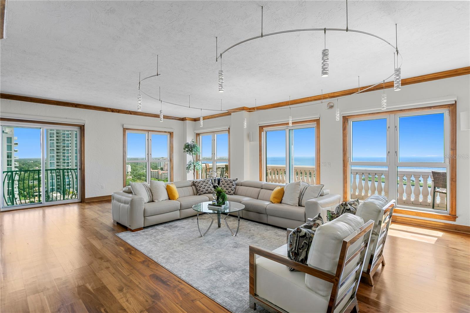Living room corner with water views