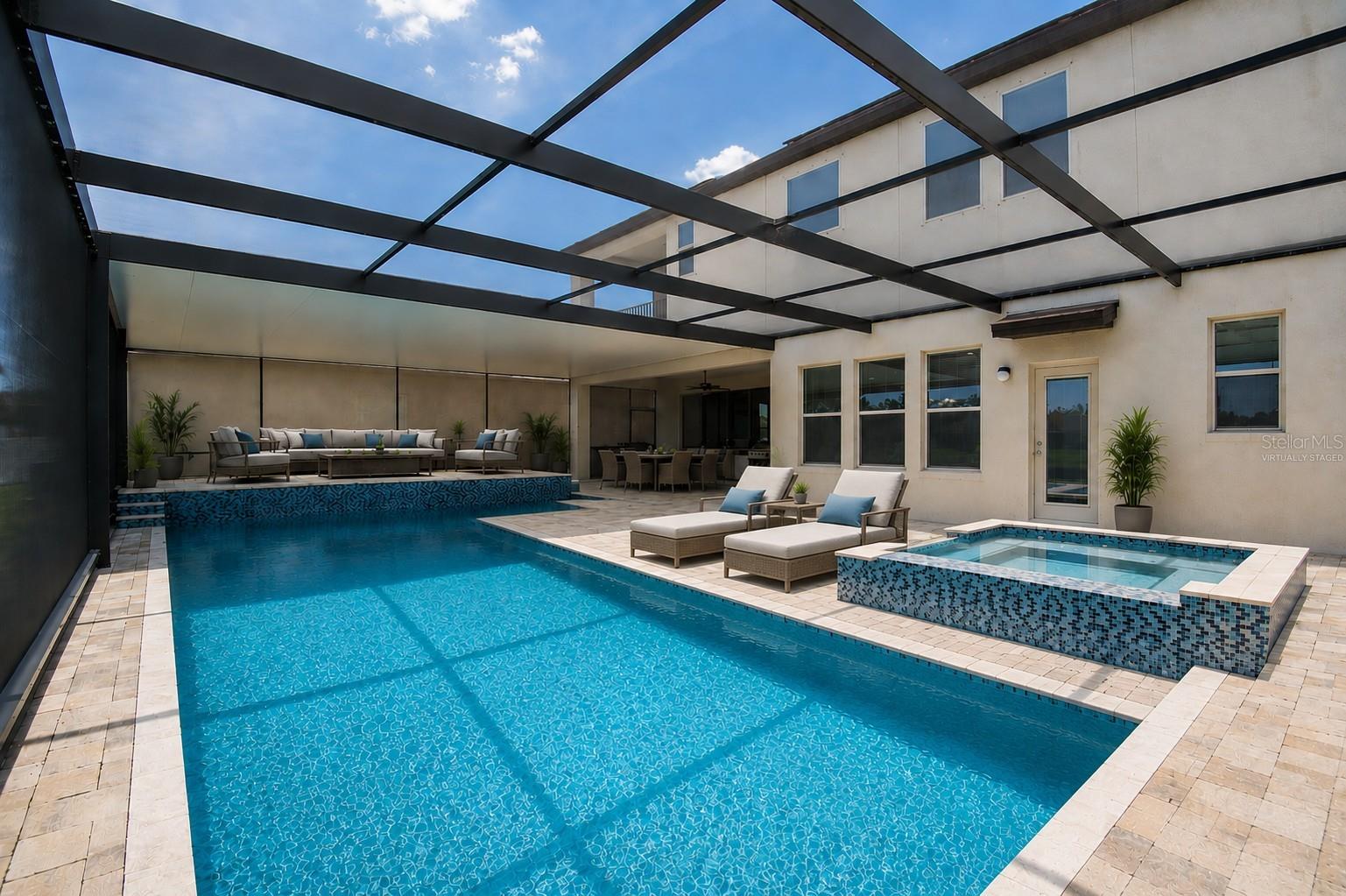 Virtually staged pool and lanai.