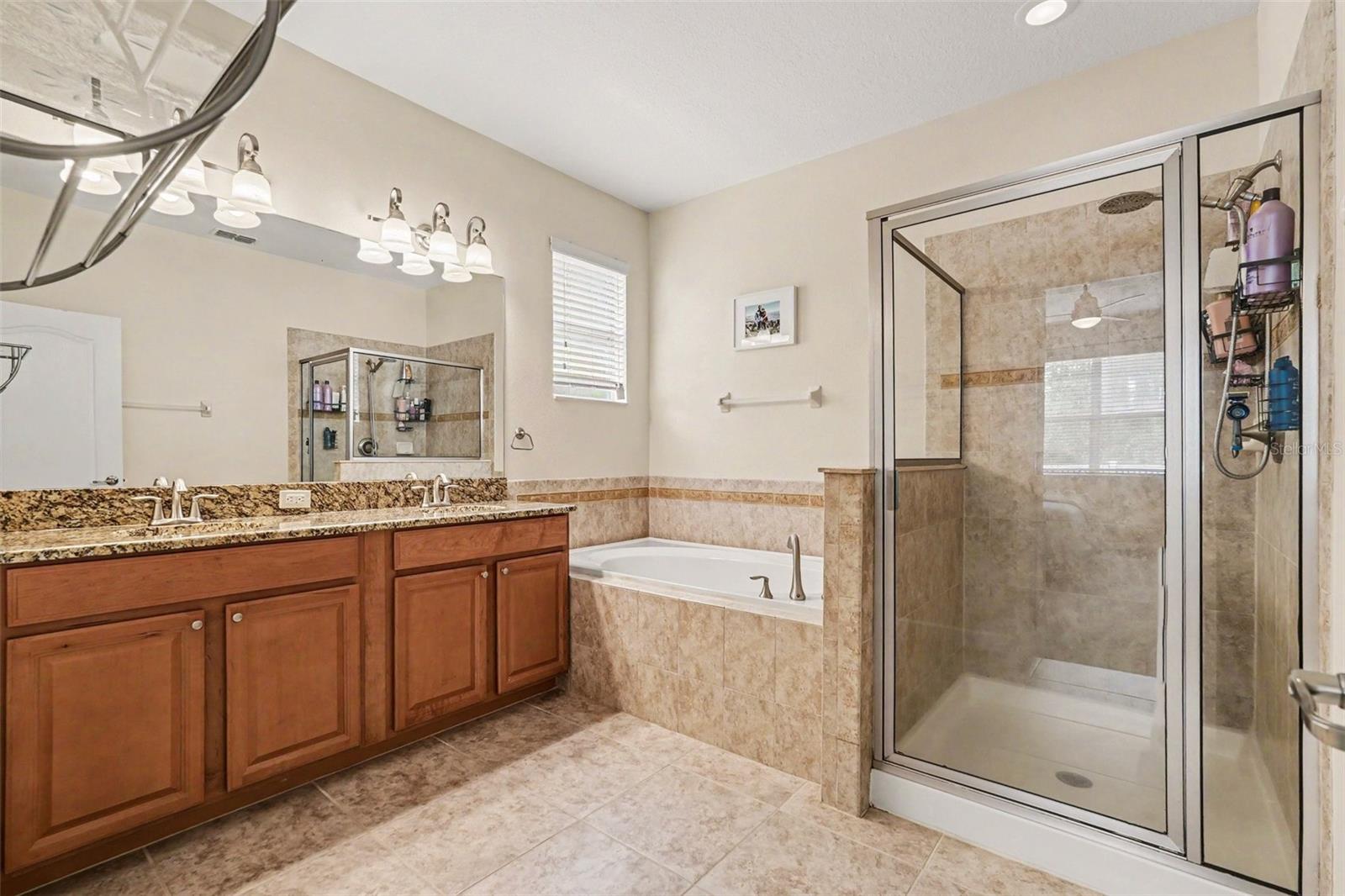 Primary en-suite bathroom featuring double granite vanity, garden soaking tub with tile surround, and separate walk-in glass shower in Tampa FL 33647. Private water closet (not visible)