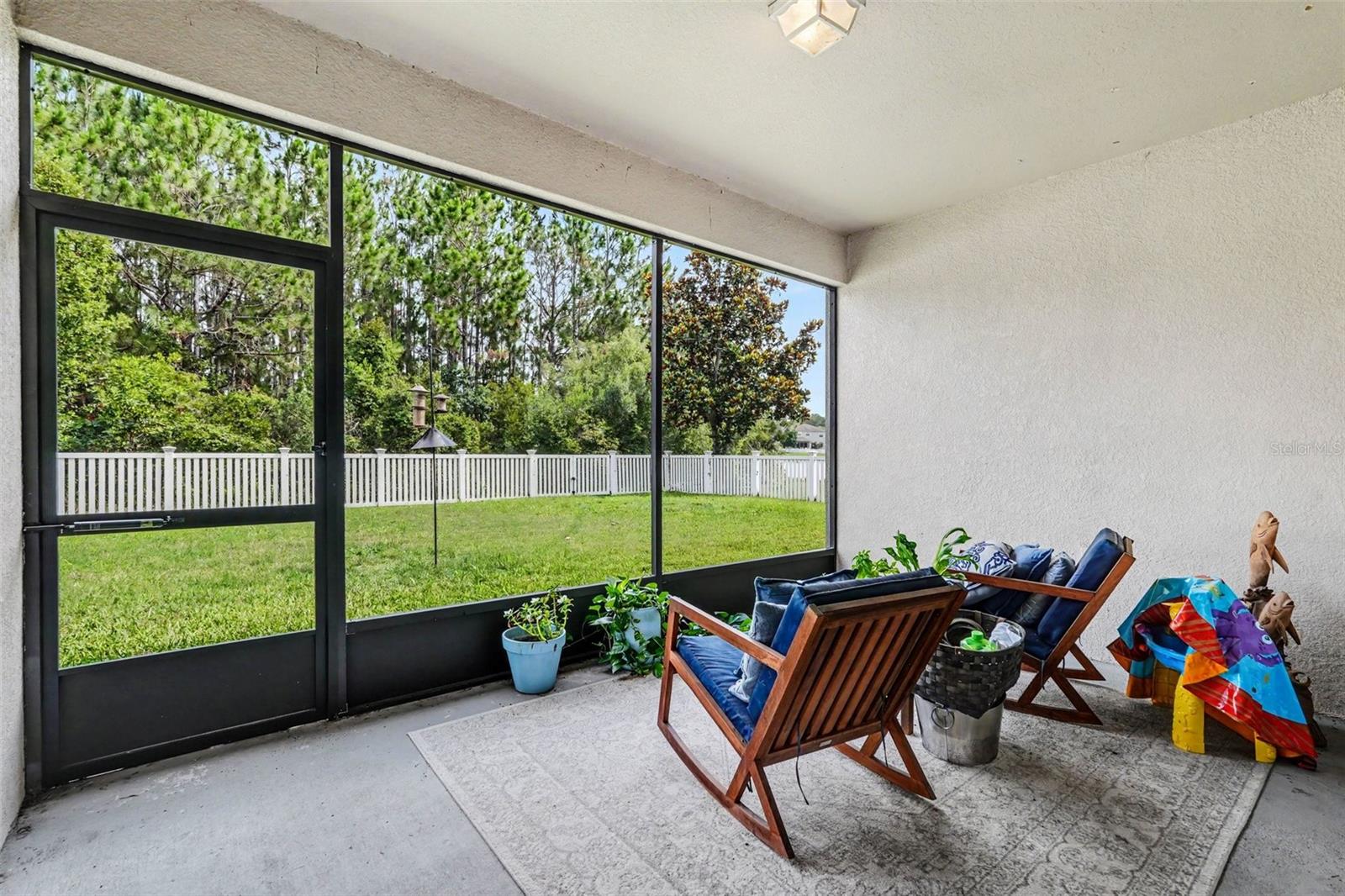 Screened lanai interior and wide view of fenced backyard and conservation trees in Tampa FL 33647