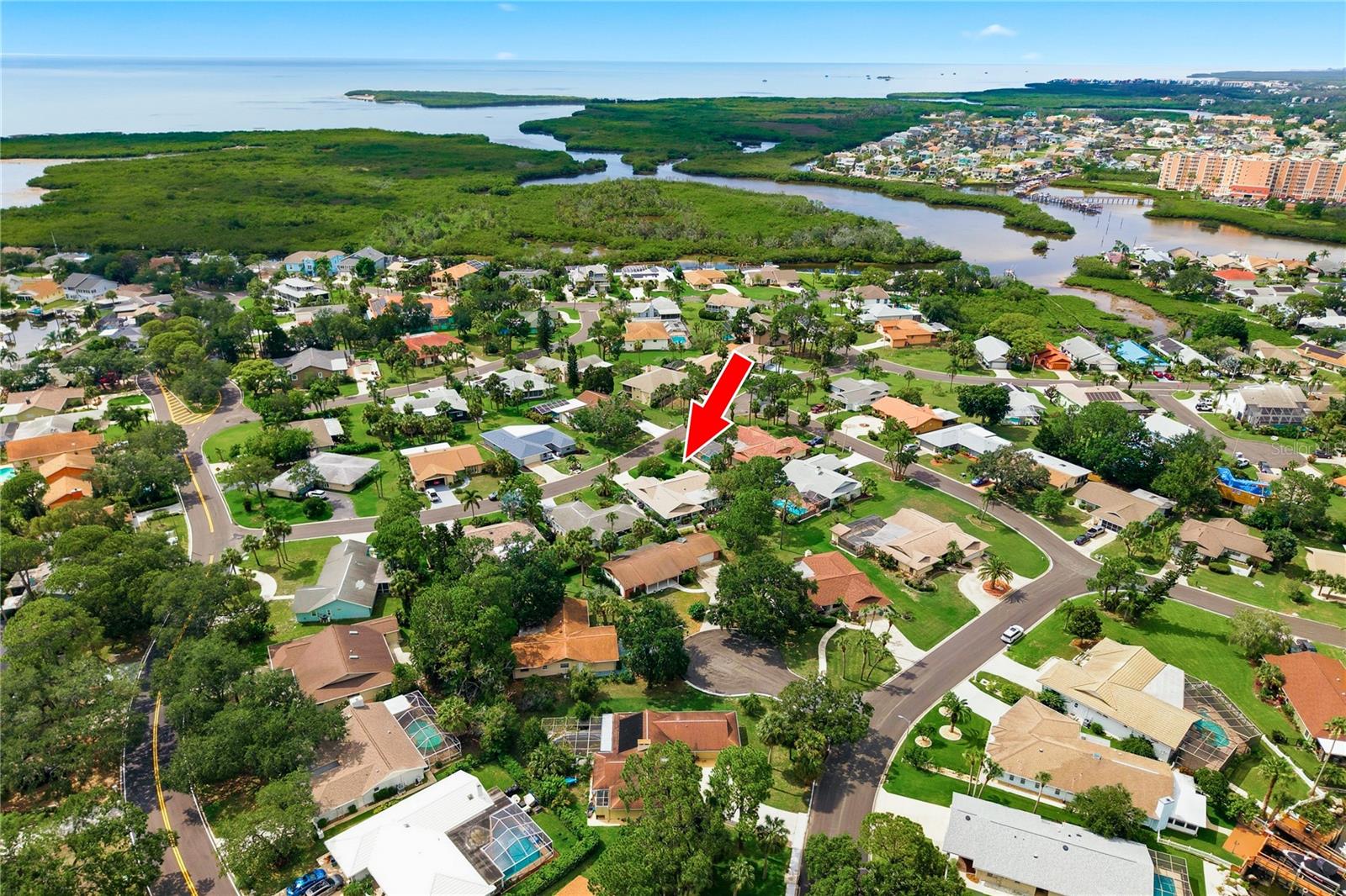 Ariel view highlighting the properties prime location nestled inn a beautiful neighborhood just moments away from the coast.