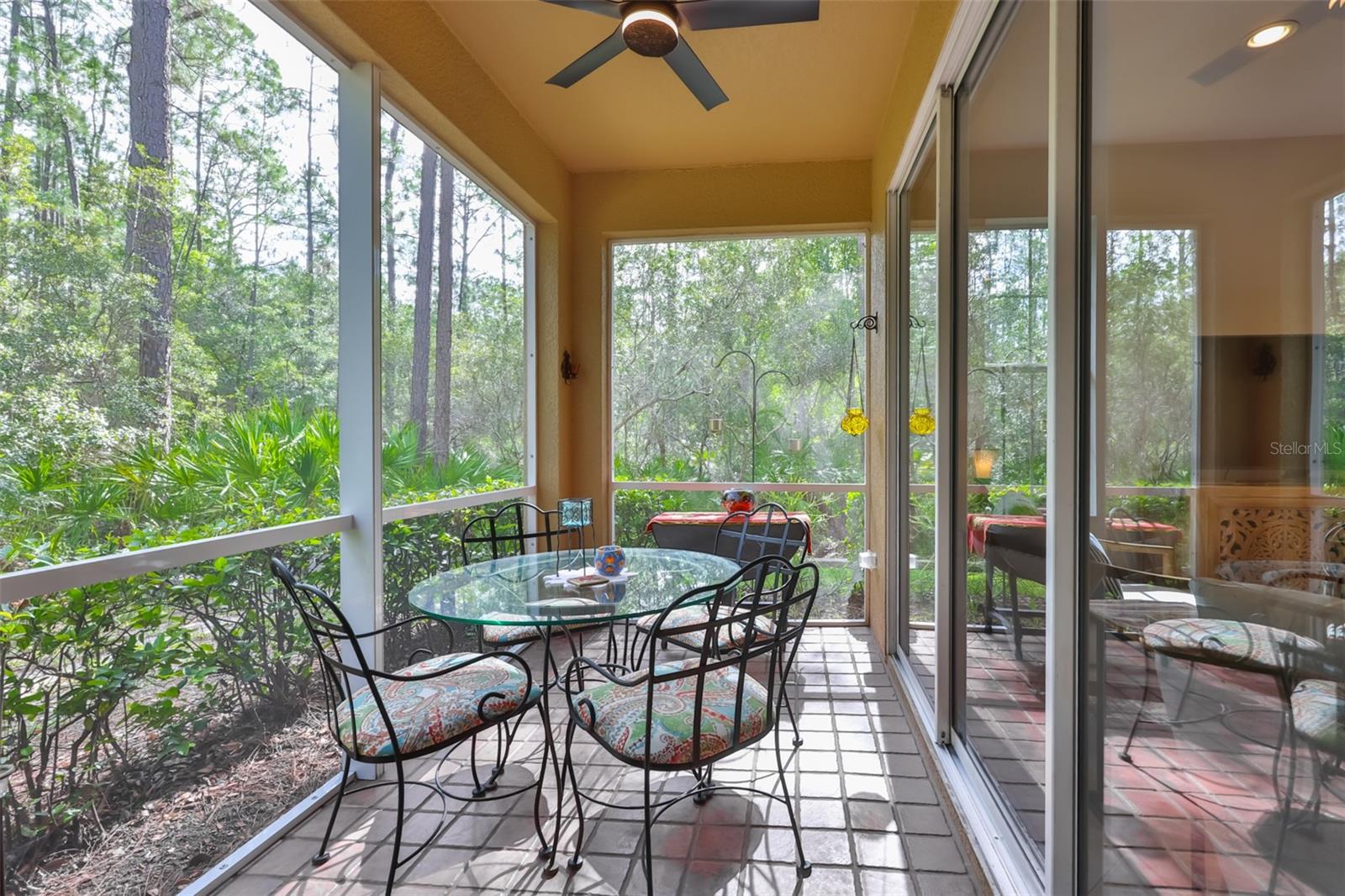 Downstairs screened lanai with conservation views in backyard and side yard.