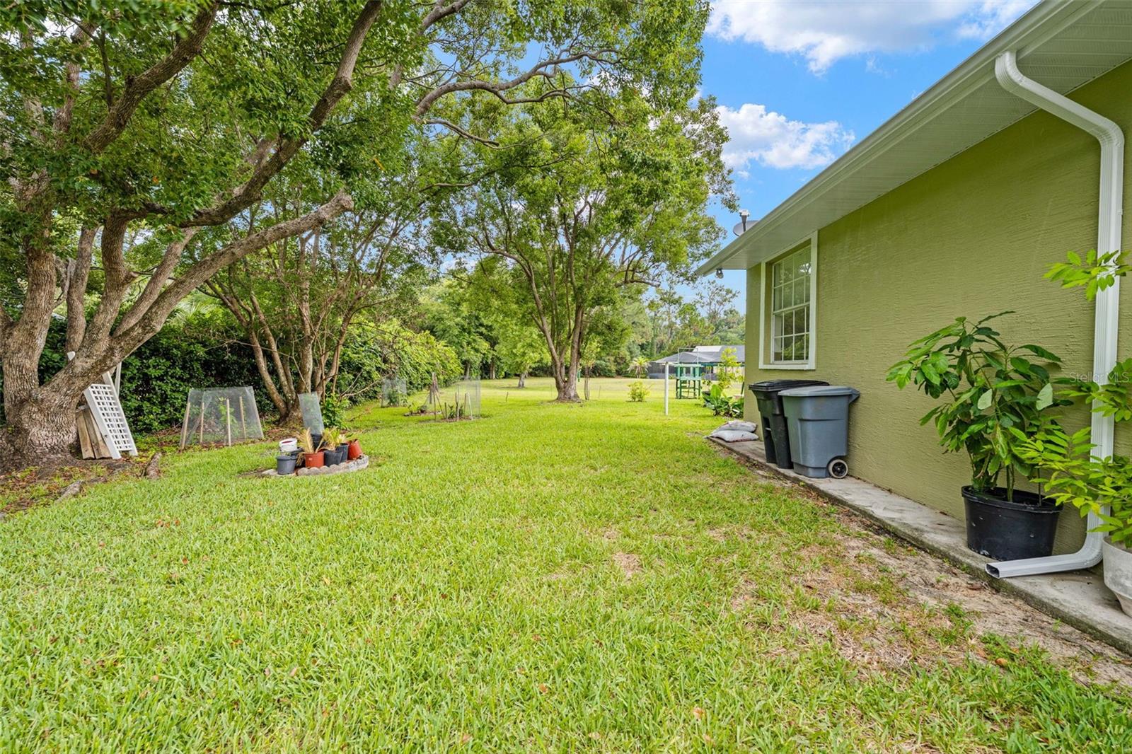side yard with a door leading into garage