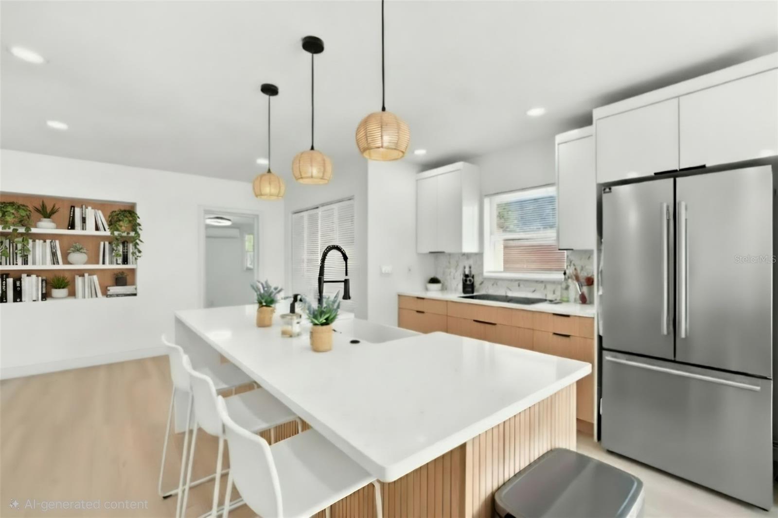 AI used to remove objects on floor and added shelves in background.