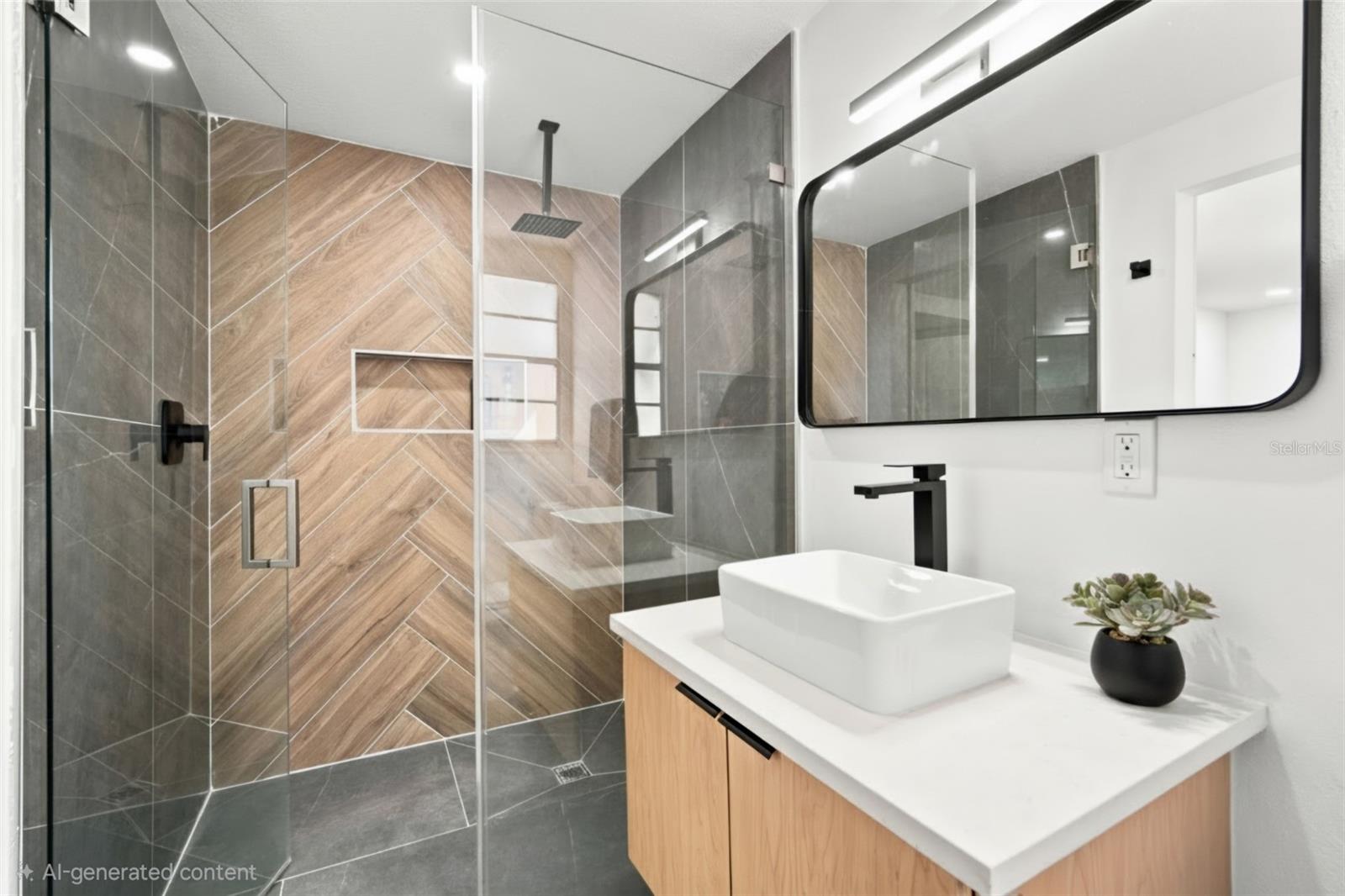 AI used to remove soap bottles from shower shelf. Master Suite Bath.