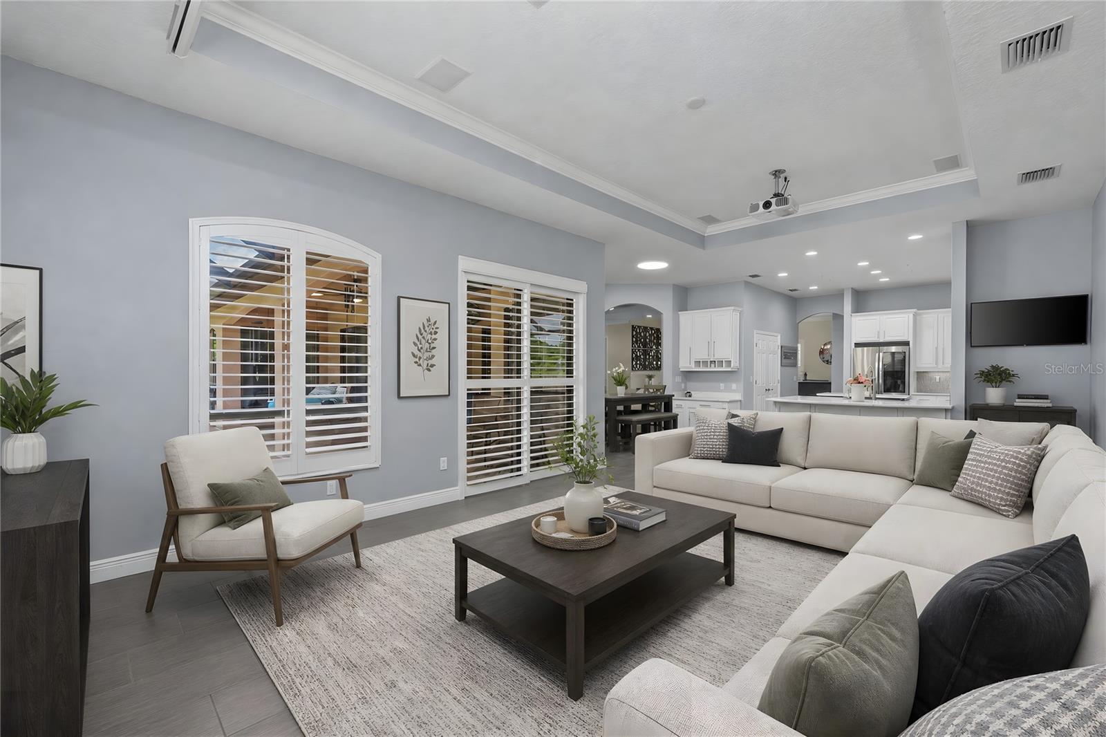 Family Room with plantation shutters