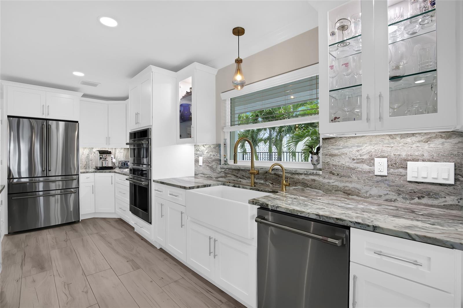 GE CAFE DESIGNER APPLIANCE PACKAGE - DOUBLE OVEN, DISWASHER, REFRIGERATOR + WINE REFRIGERATOR + MICROWAVE.   DEEP FARMHOUSE SINK.   BRASS FINISHES.  HIGH END QUALITY KITCHEN.