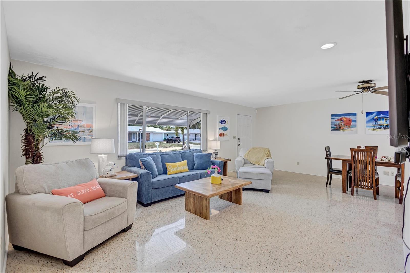 The marbled terrazo shines with durability throughout