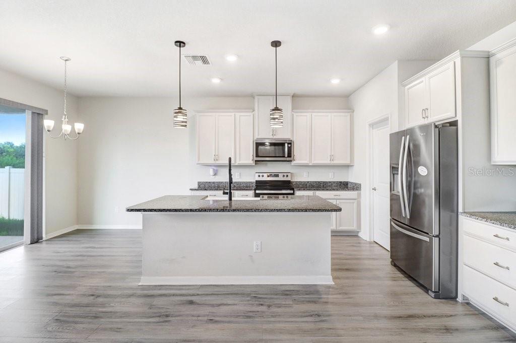 Kitchen with 42" cabinets, island with farm sink, granite and stainless appliances