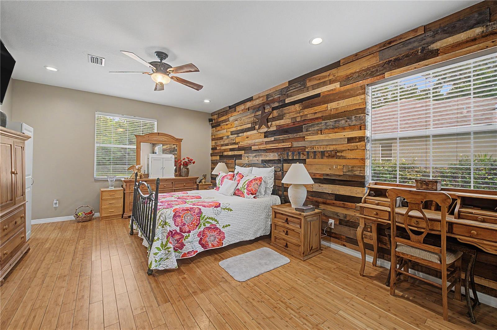 Master Bedroom, Bamboo Flooring, ceiling fan and inset lights
