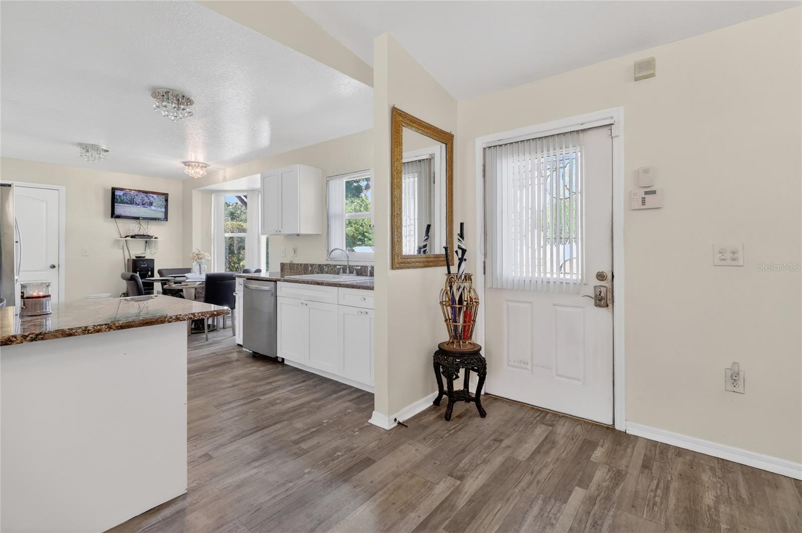 View of the front door from the dining room