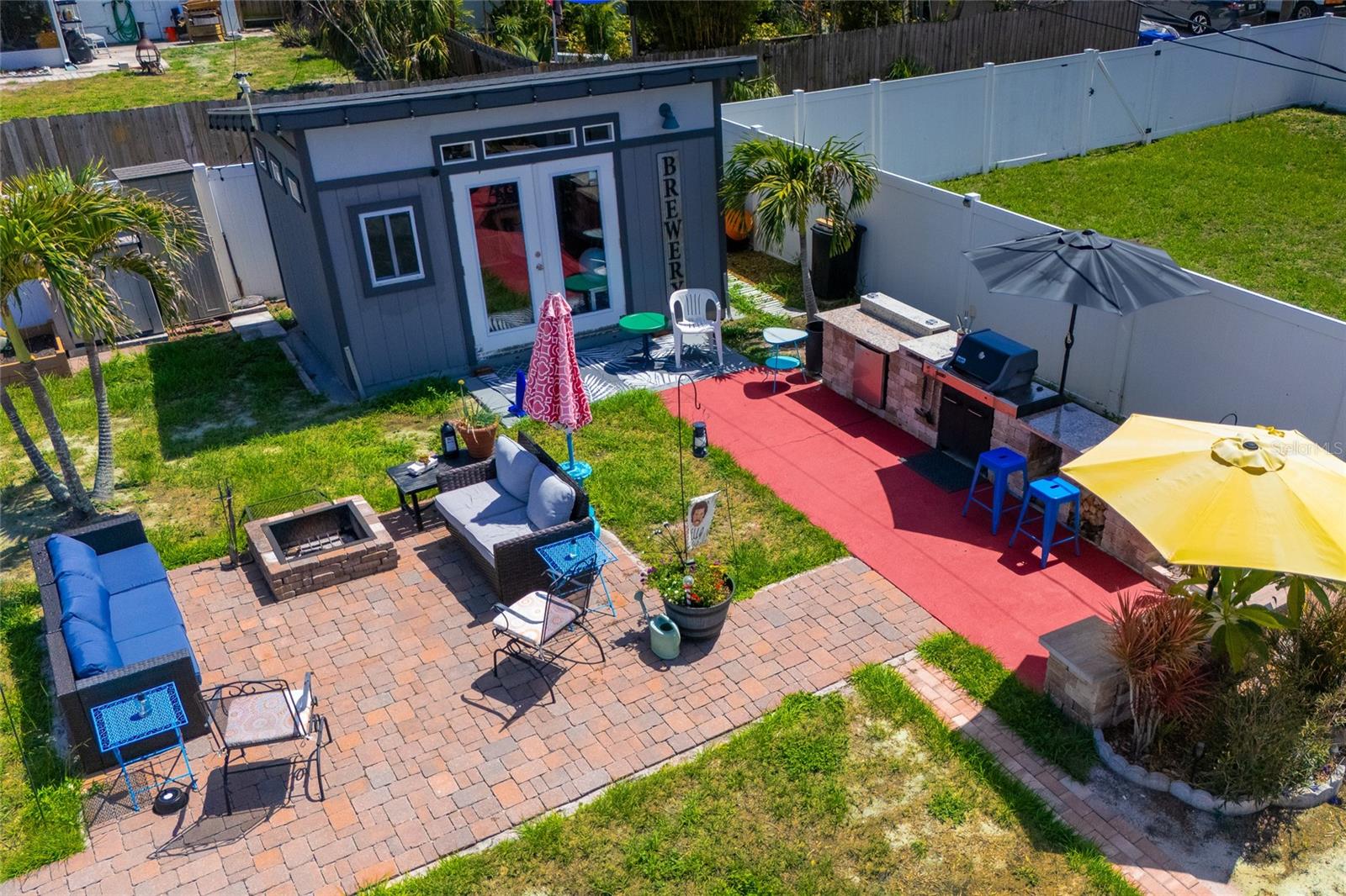 Overhead of Fire Pit, Outdoor Kitchen, & Studio