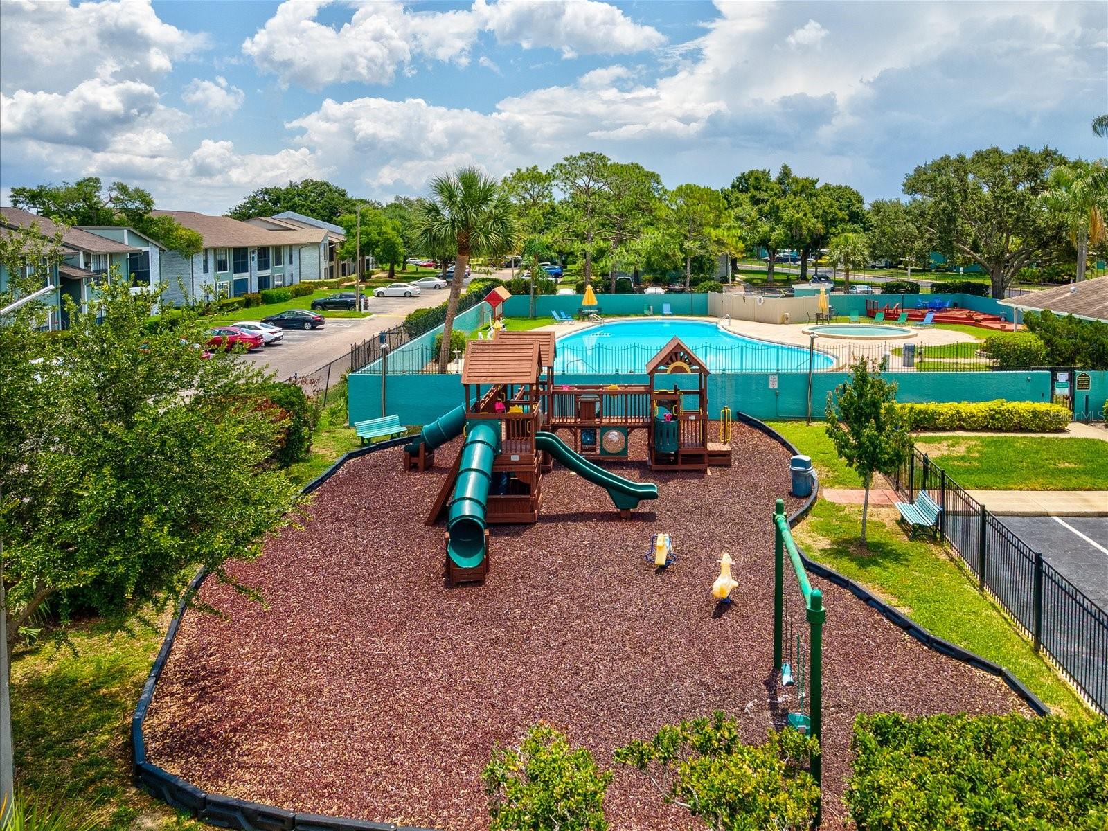Aerial view of playground and pool