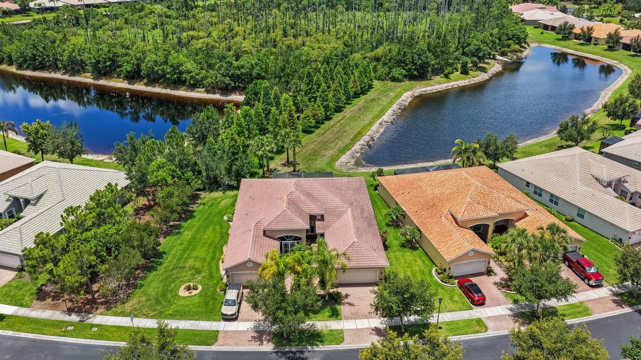 Front of house showing both pond views