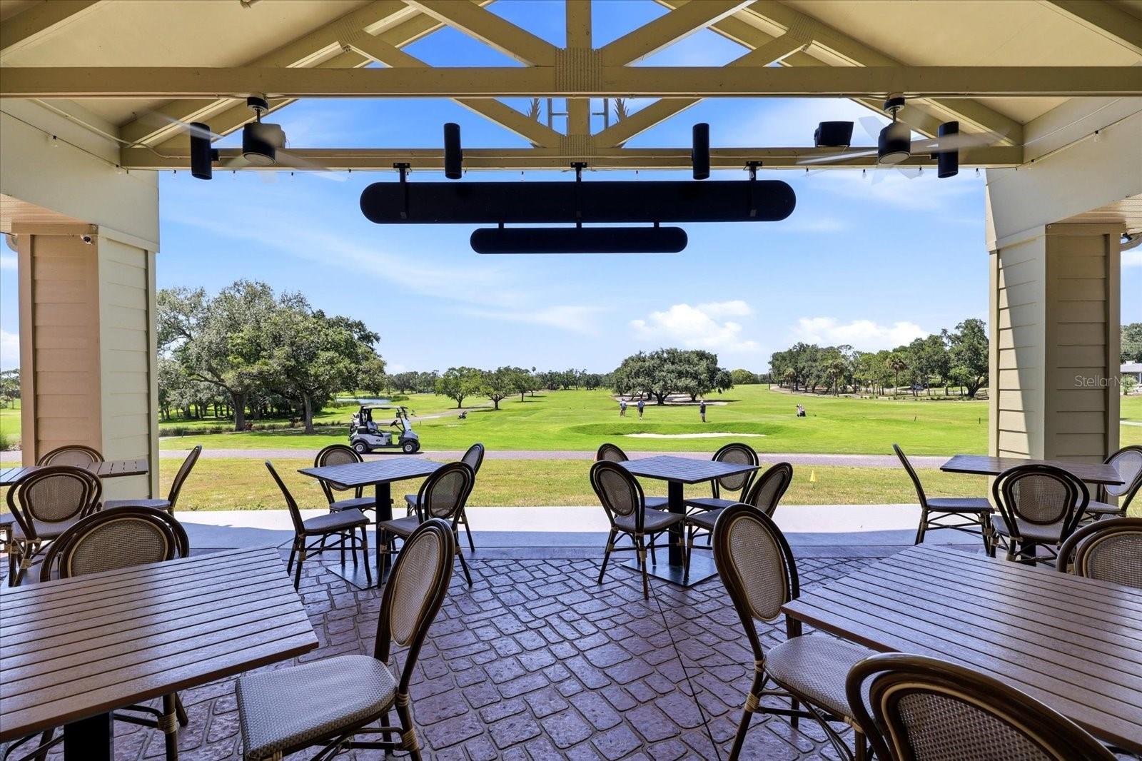 View of the golf course from the back patio of the Highland House / club restaurant.