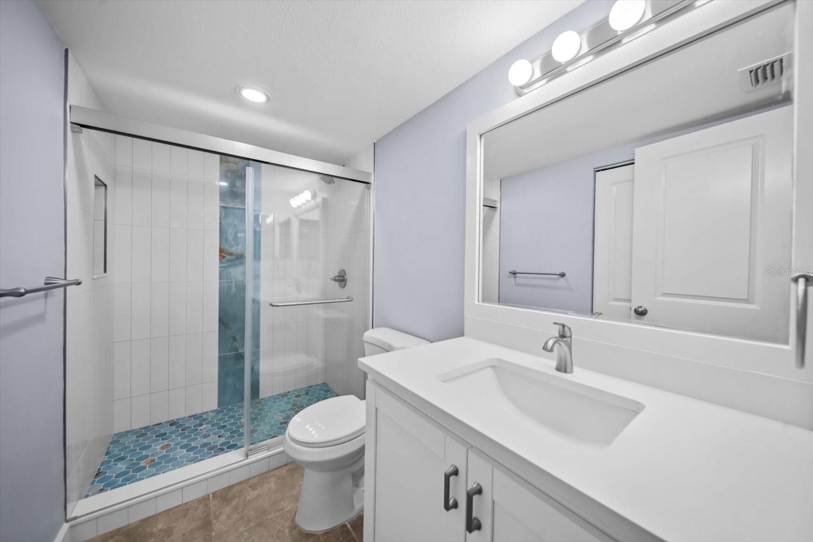 New 2nd Bathroom, Walk in Shower, new vanity and shower tiled with subway backsplash