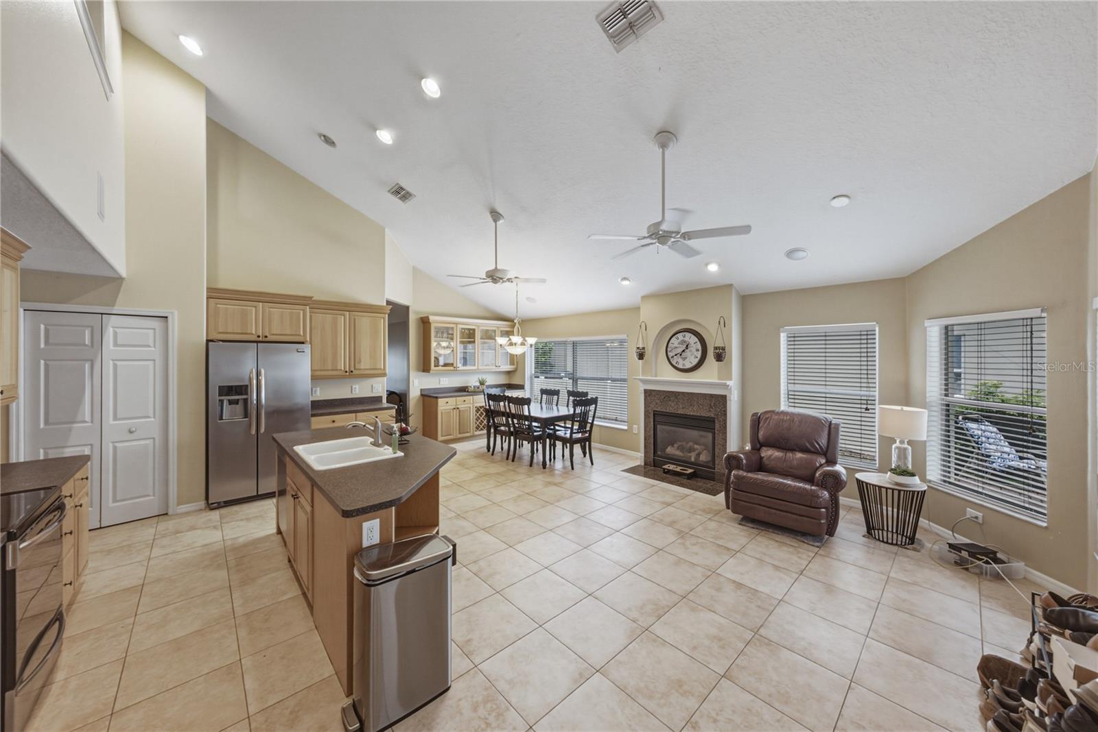 Family, kitchen and dining room combo