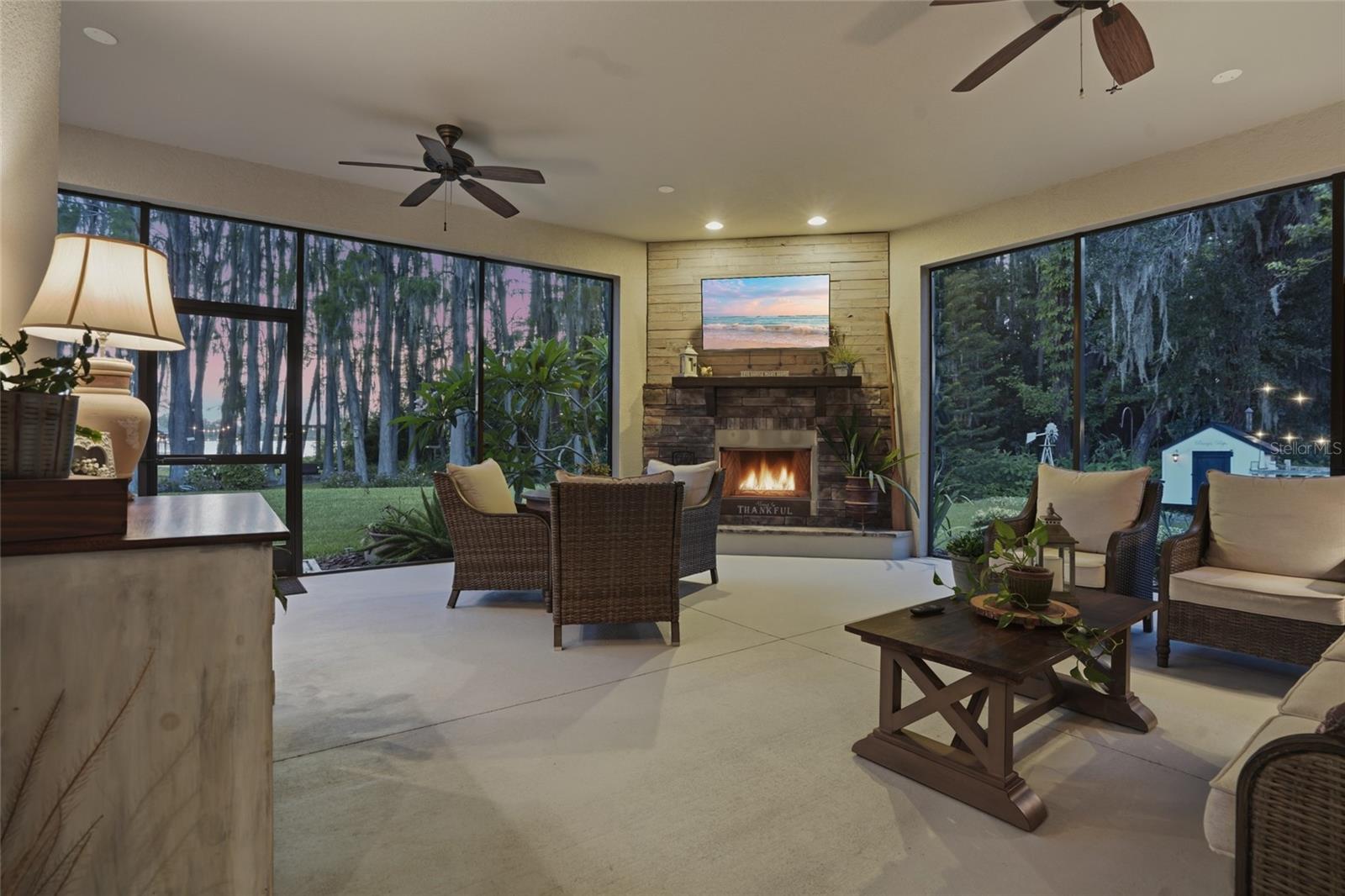 Screened in Lanai with Wood Burning Fireplace