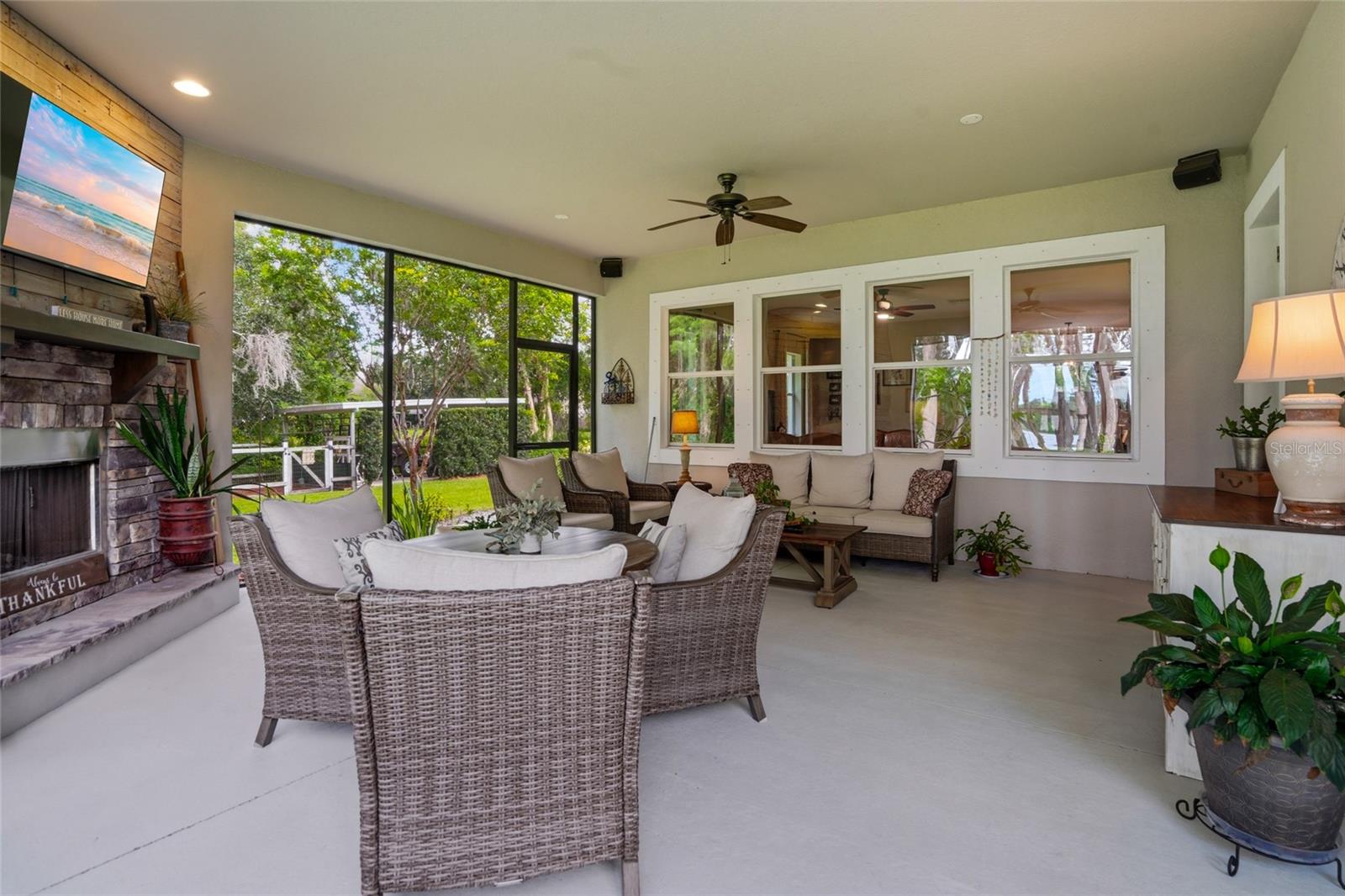 Screened in Lanai with Wood Burning Fireplace