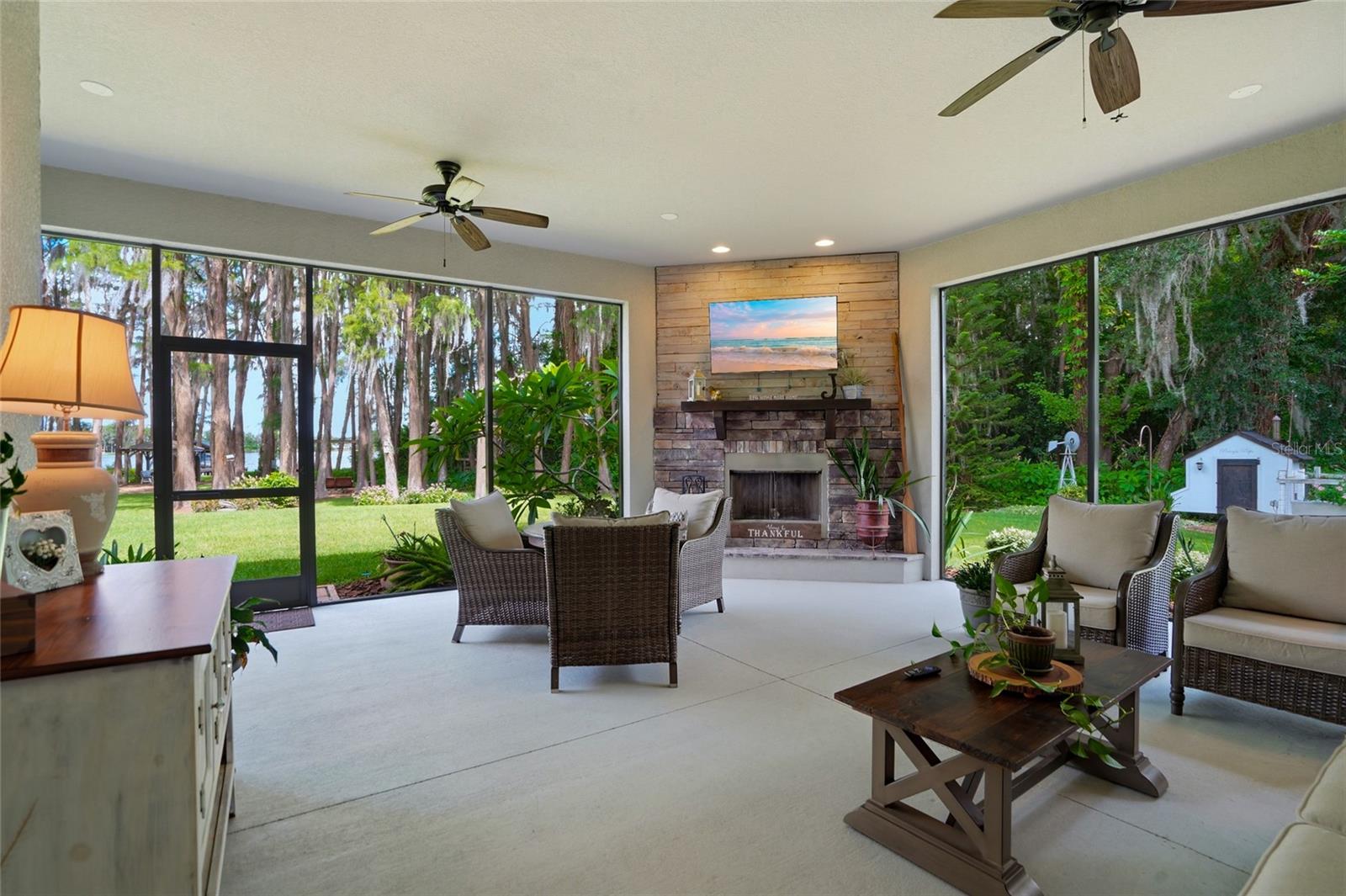 Screened in Lanai with Wood Burning Fireplace
