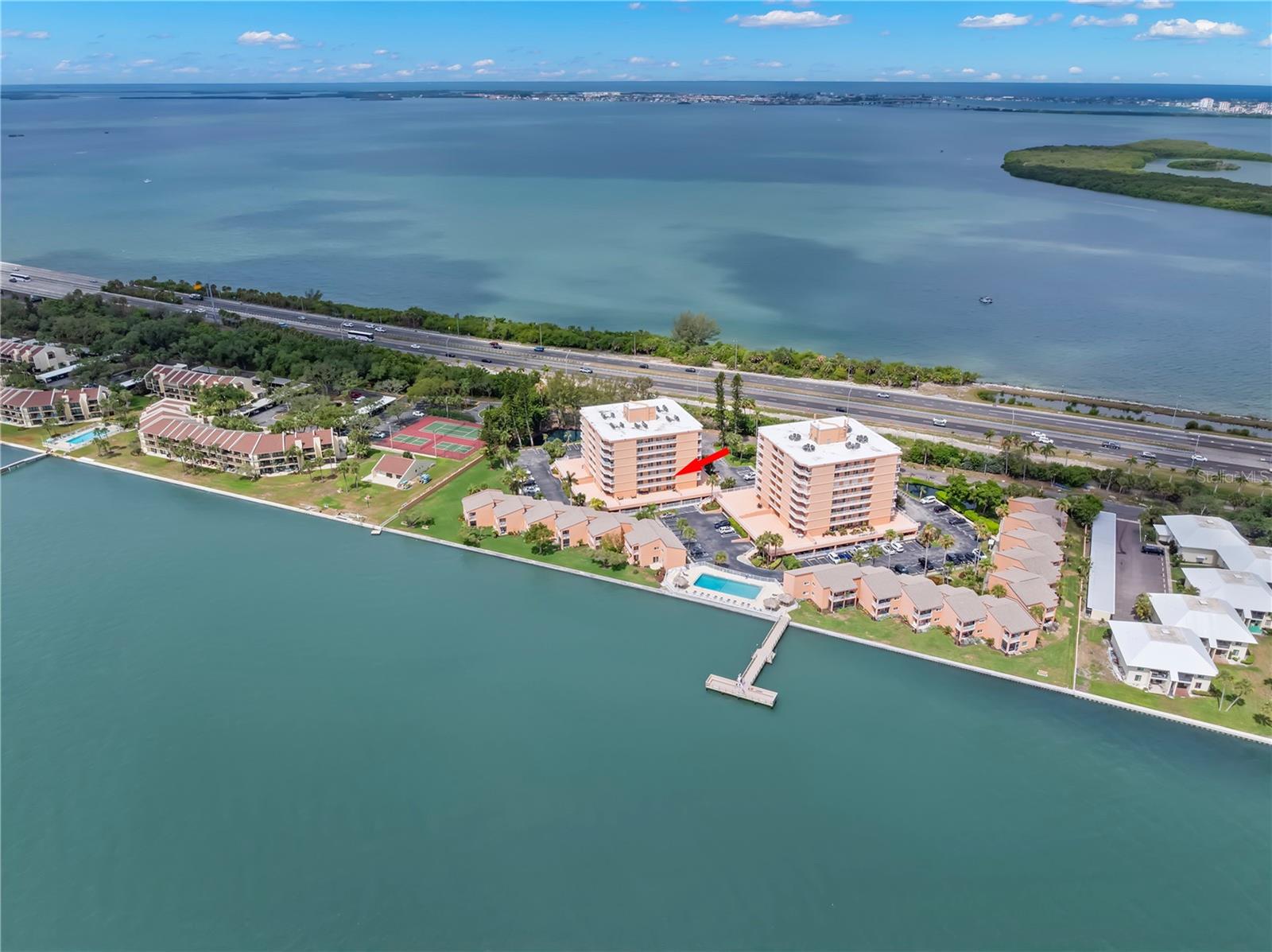 Open views of Tampa Bay with access to the Gulf, just under the bridge, nearby.