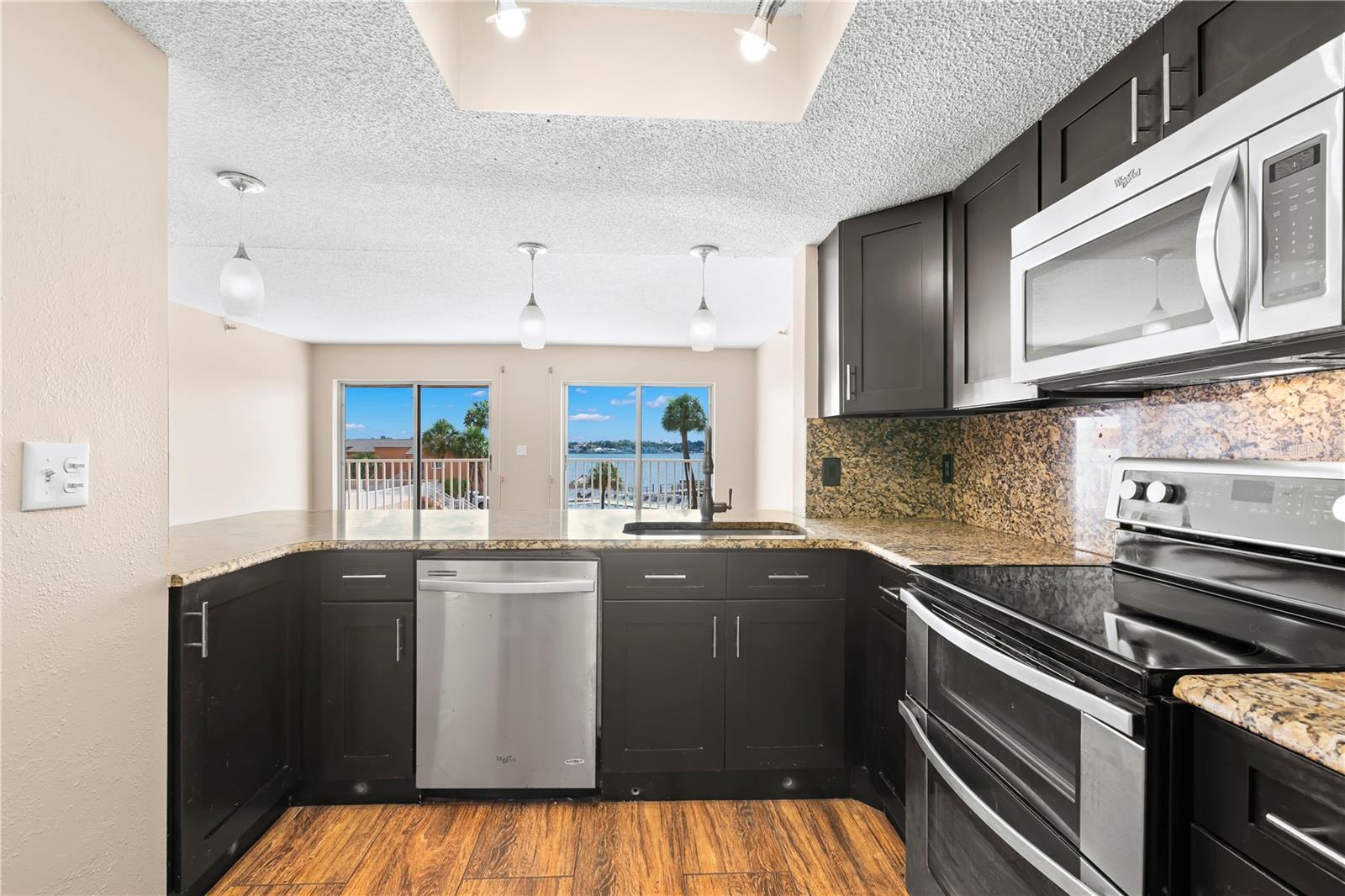 Views of the waterfront while preparing in the kitchen