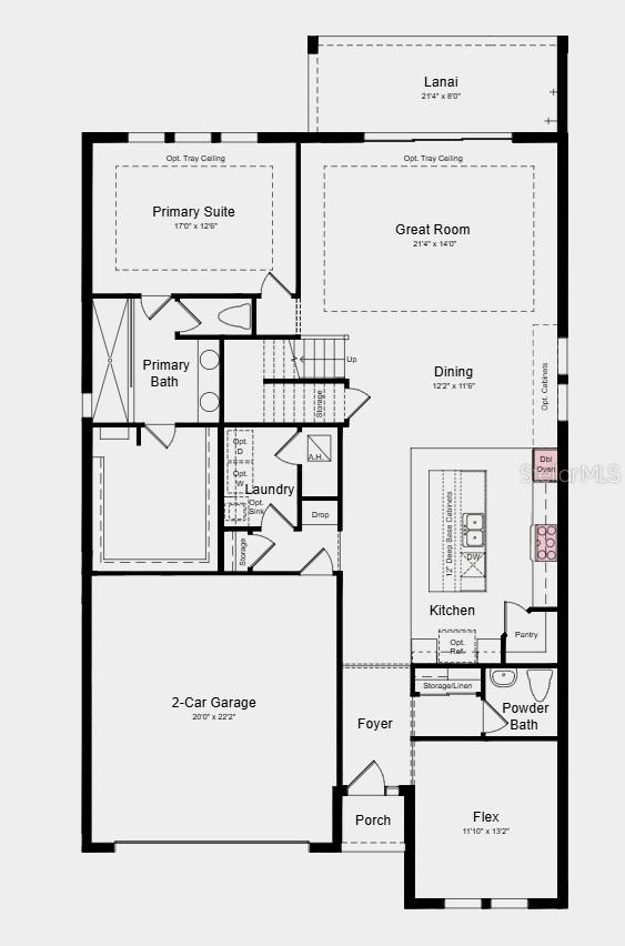 First Floor Plan - Additional Highlights Include: 8' interior doors, pre-plumb for laundry sink, and tray ceiling package
