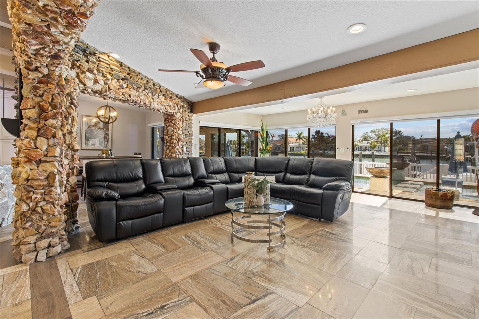 Living Room with waterfront views