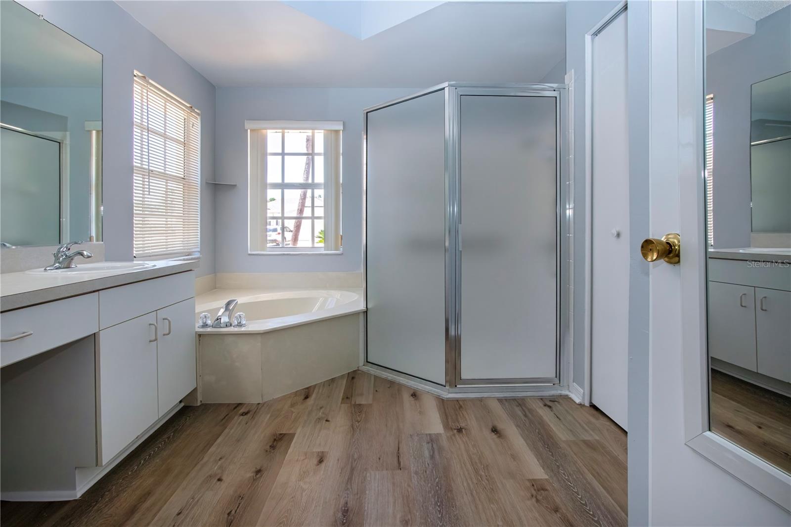 Primary Bathroom w/Garden tub, Walk in Shower, Vanity, Dual sinks & Private Water closet