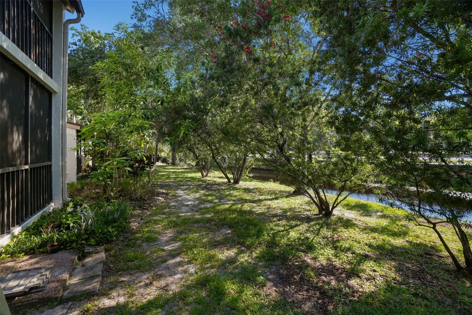 A Peaceful Backdrop. Mature trees and a tranquil greenbelt create a scenic setting just beyond the enclosed screened lanai.