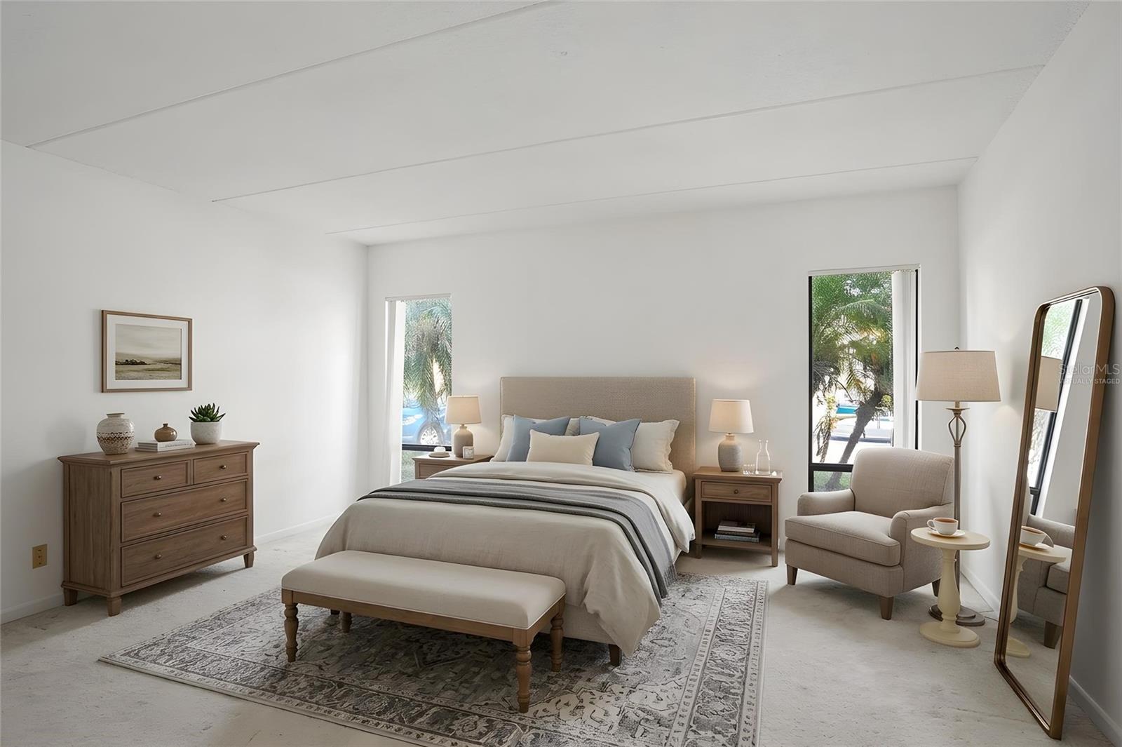 Flexible Second Bedroom. Bright and spacious, the second bedroom easily adapts to guests, a home office, or your changing needs. Virtually staged photo.