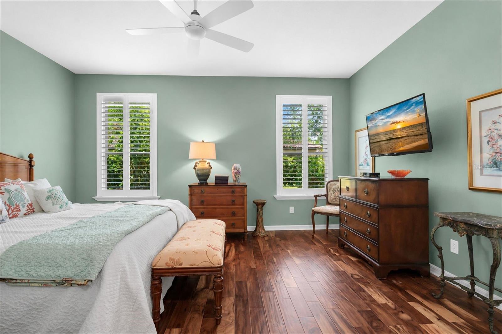 Plantation shutters, hardwood floors.
