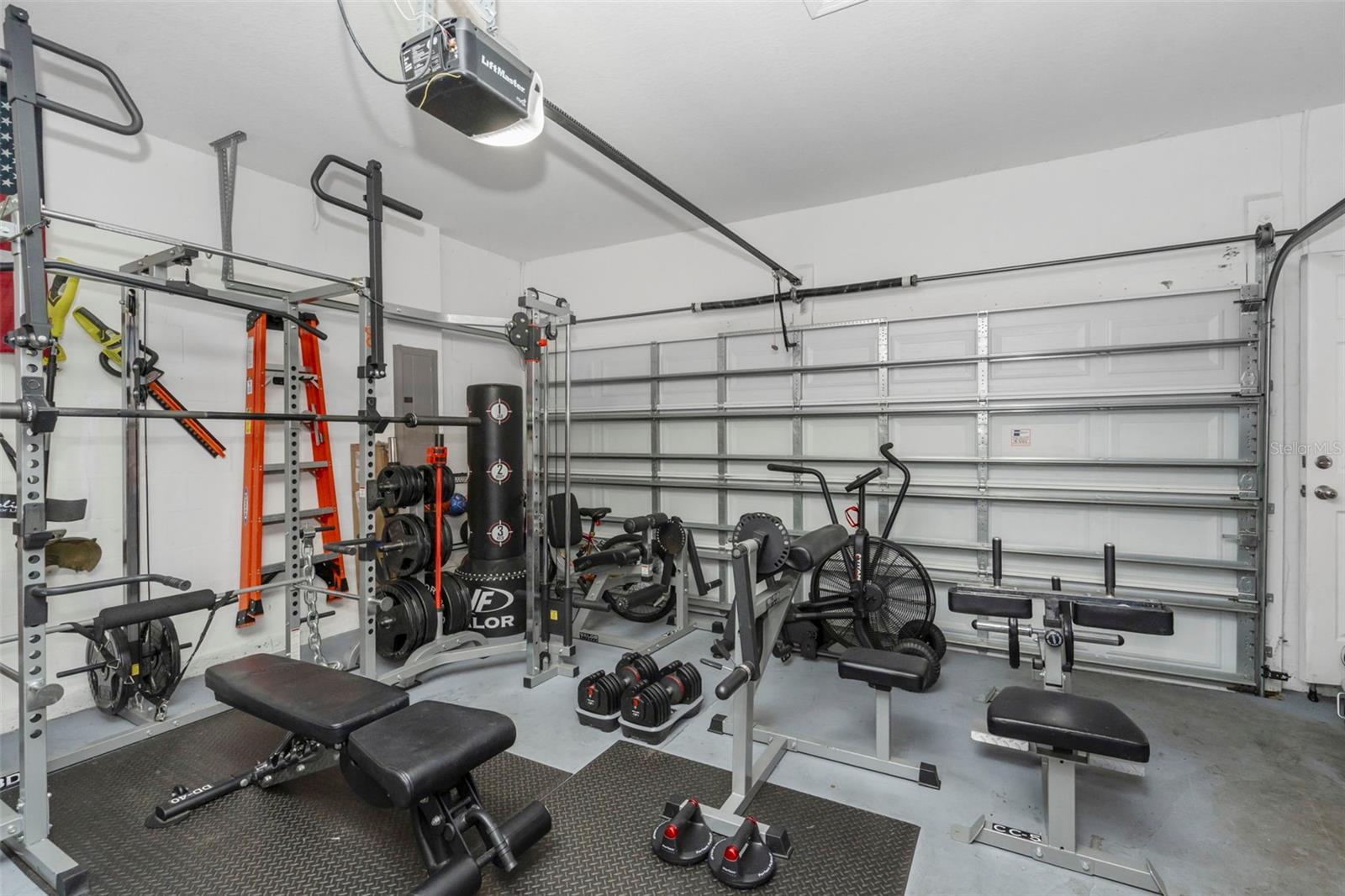 Garage: high ceilings and storage racks